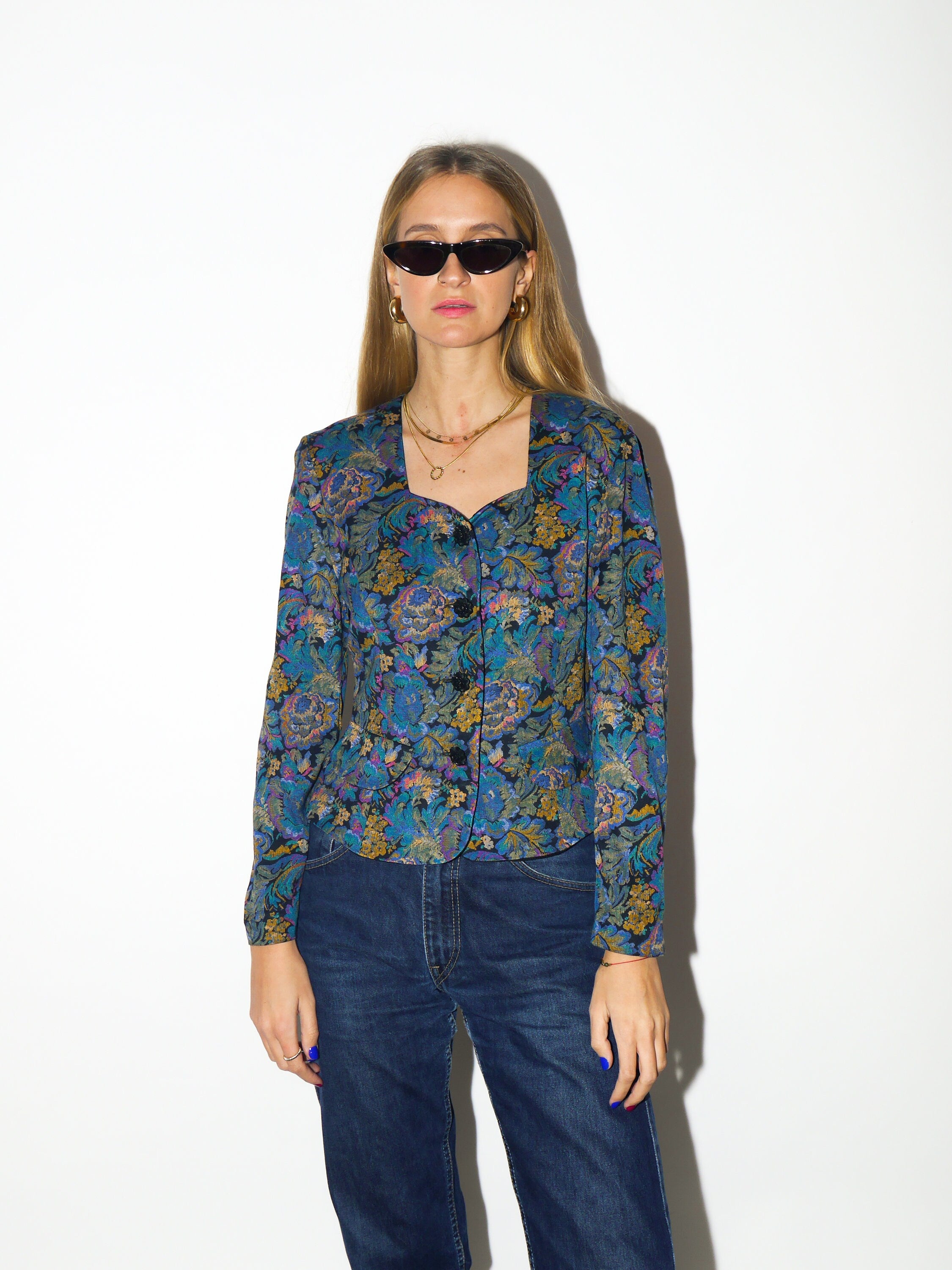 VINTAGE shirt 1980s | Topsi jacquard heart shaped neck blouse | vintage blue and yellow floral top | premium vintage blouse
