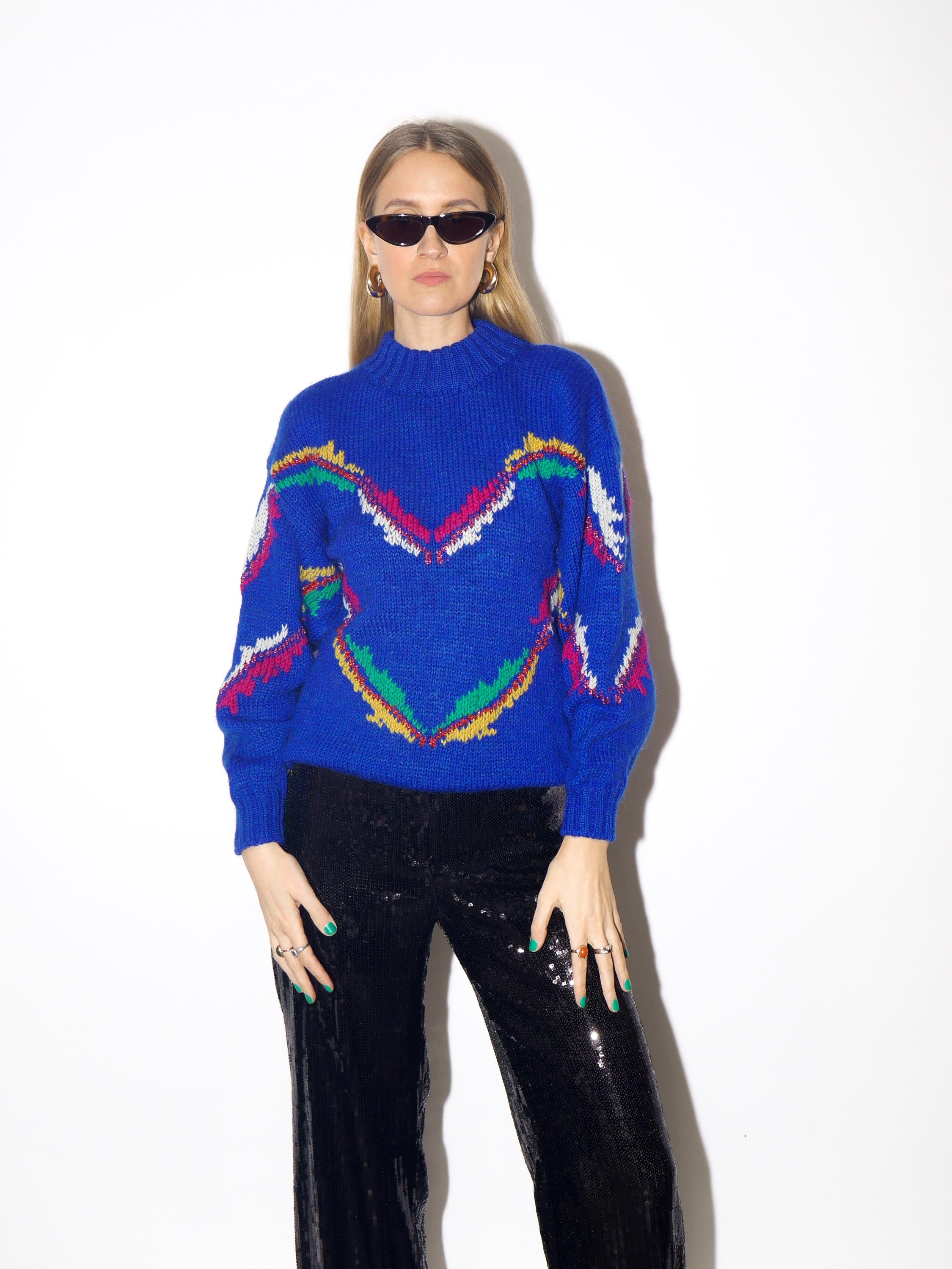 VINTAGE wool and mohair cobalt sweater from 1980s | blue half turtleneck sweater
