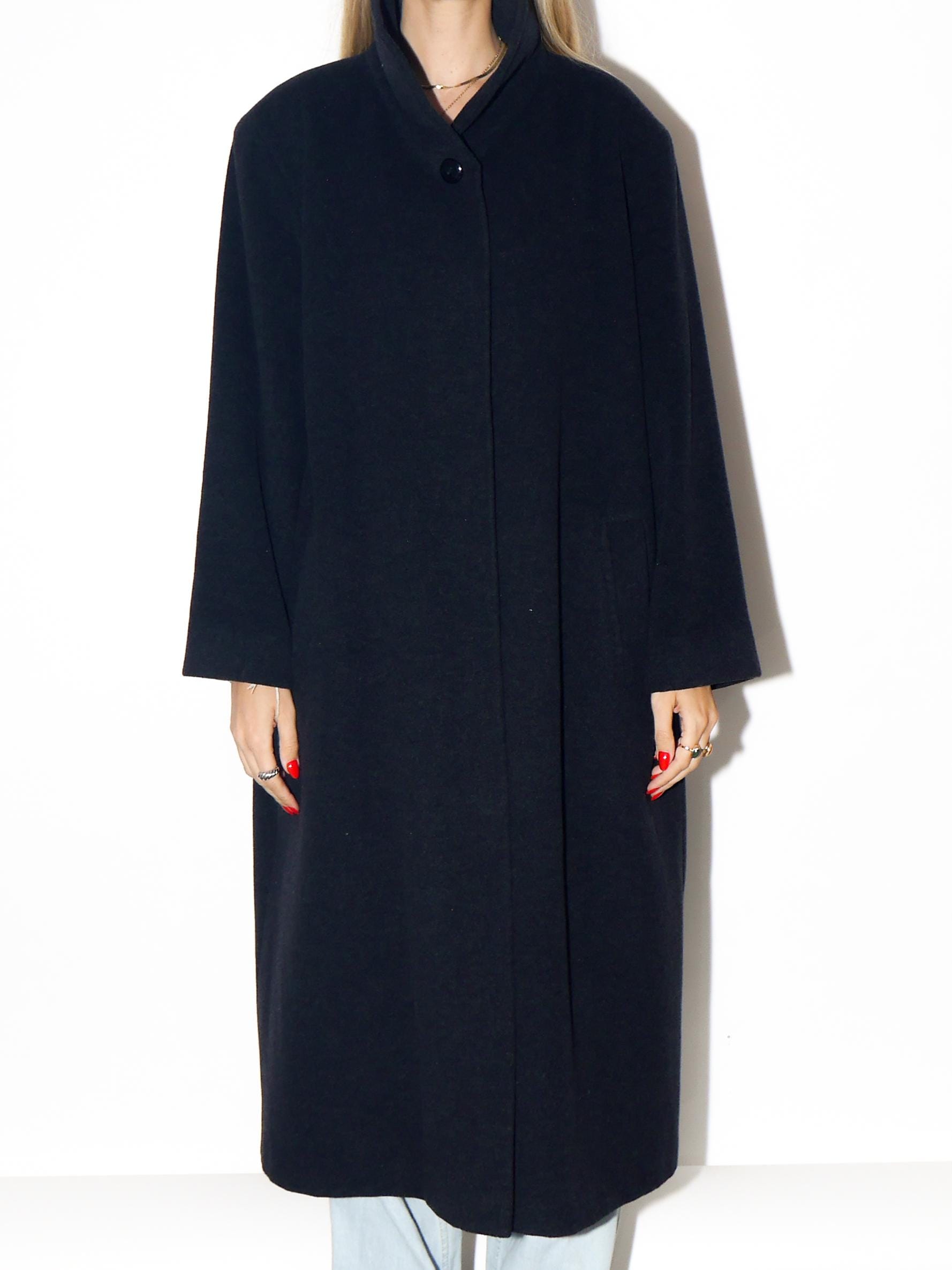 VINTAGE Black Wool And Angora Maxi Coat With Stand Collar From The 1980s By Marco Brunetti