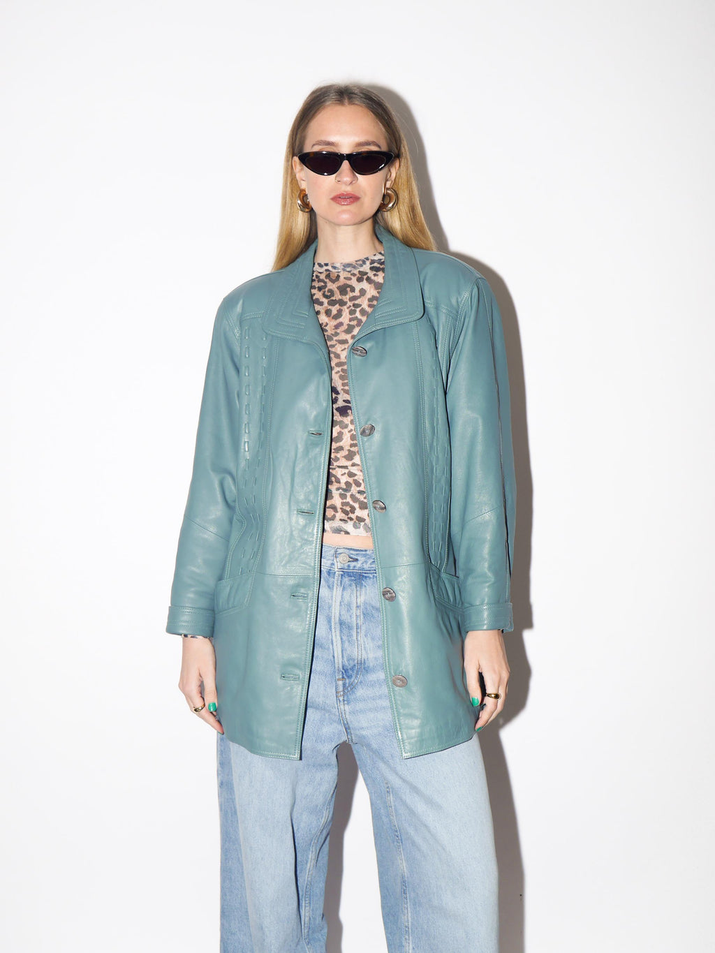 VINTAGE Blue Leather Jacket from 1990s | Oversize Blue Leather Jacket