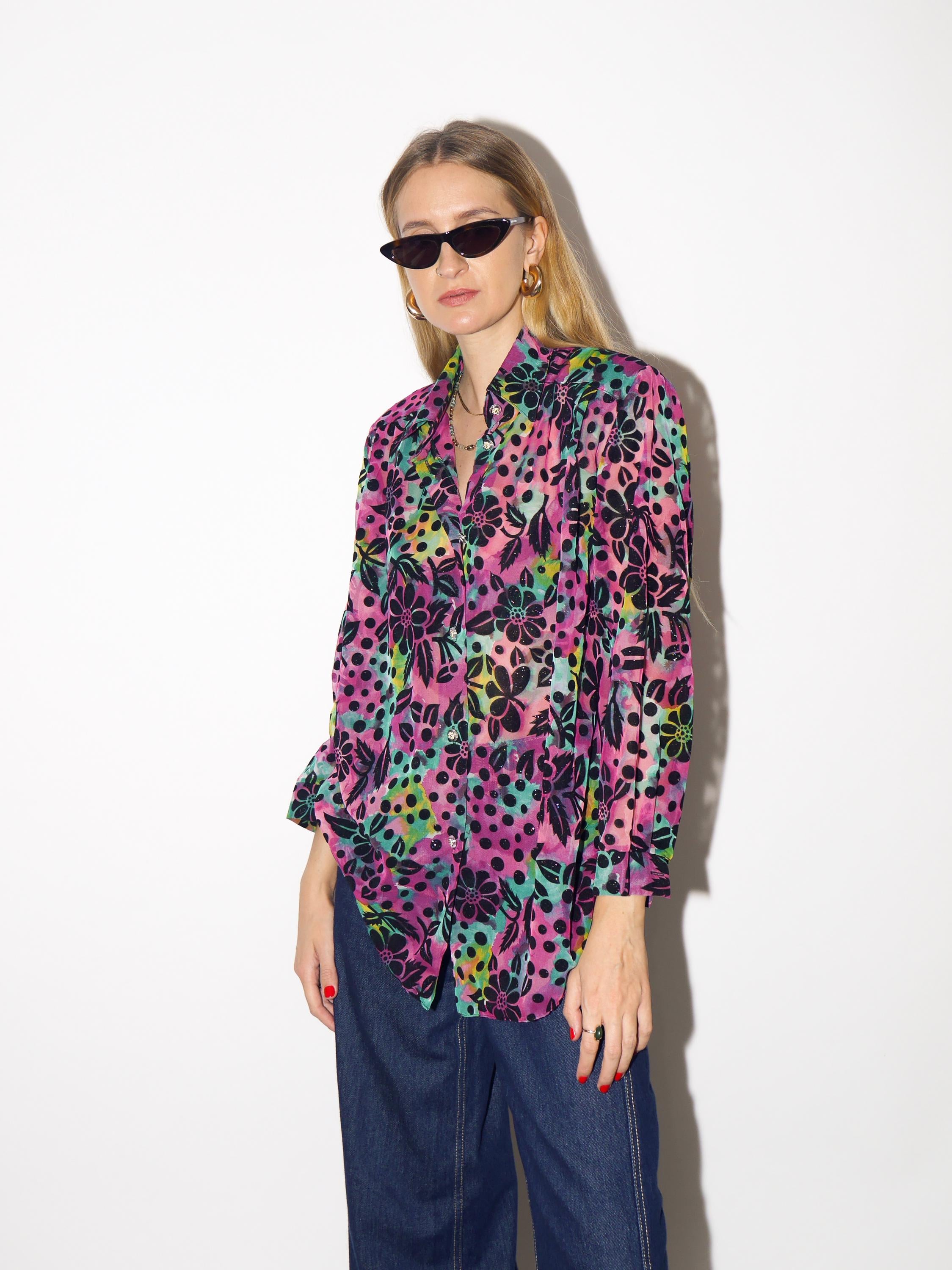 VINTAGE glitter blouse with purple floral pattern and sheer fabric from 1980s