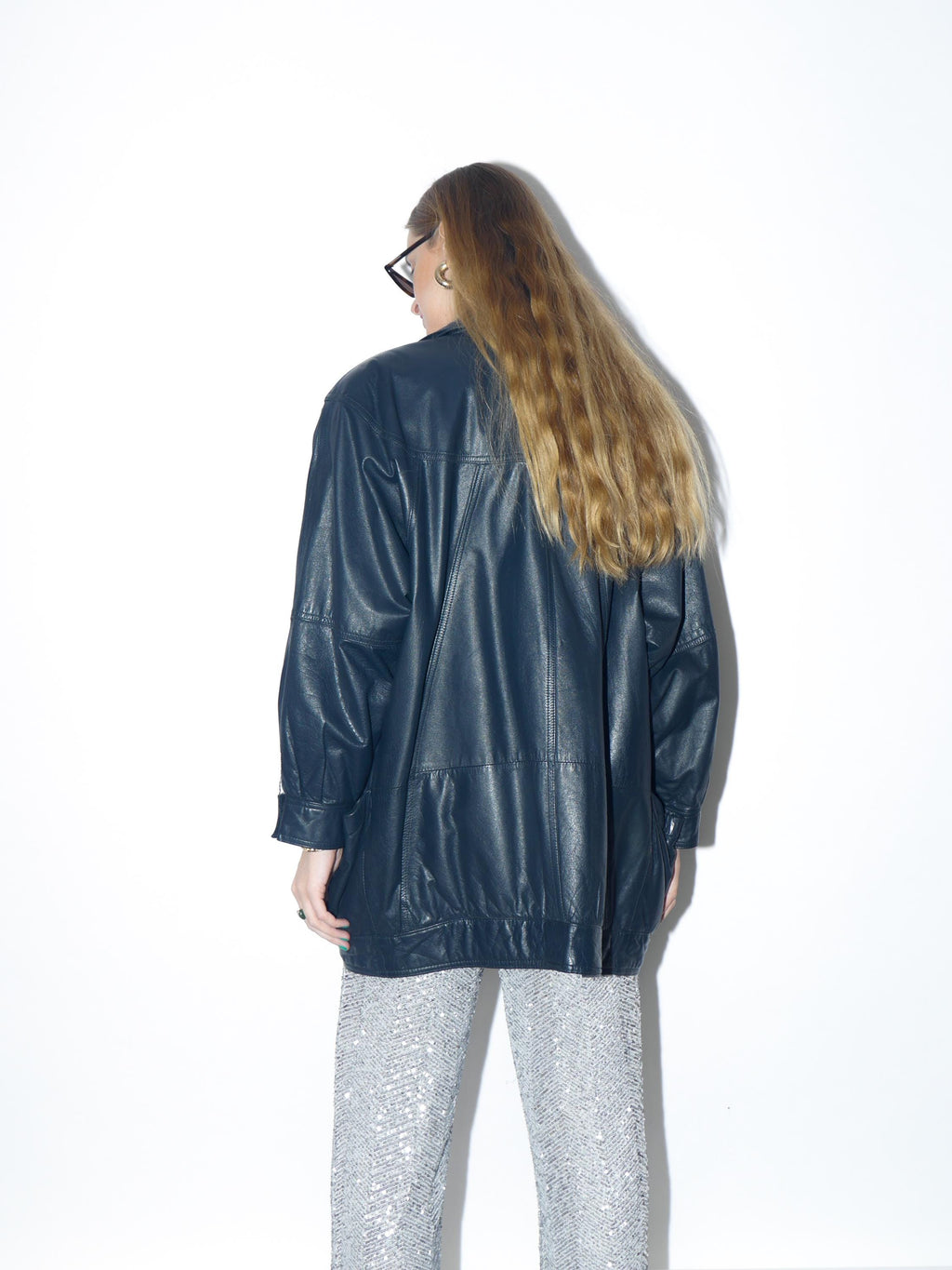 VINTAGE navy leather jacket from 1980s in oversize fit with stand-up collar
