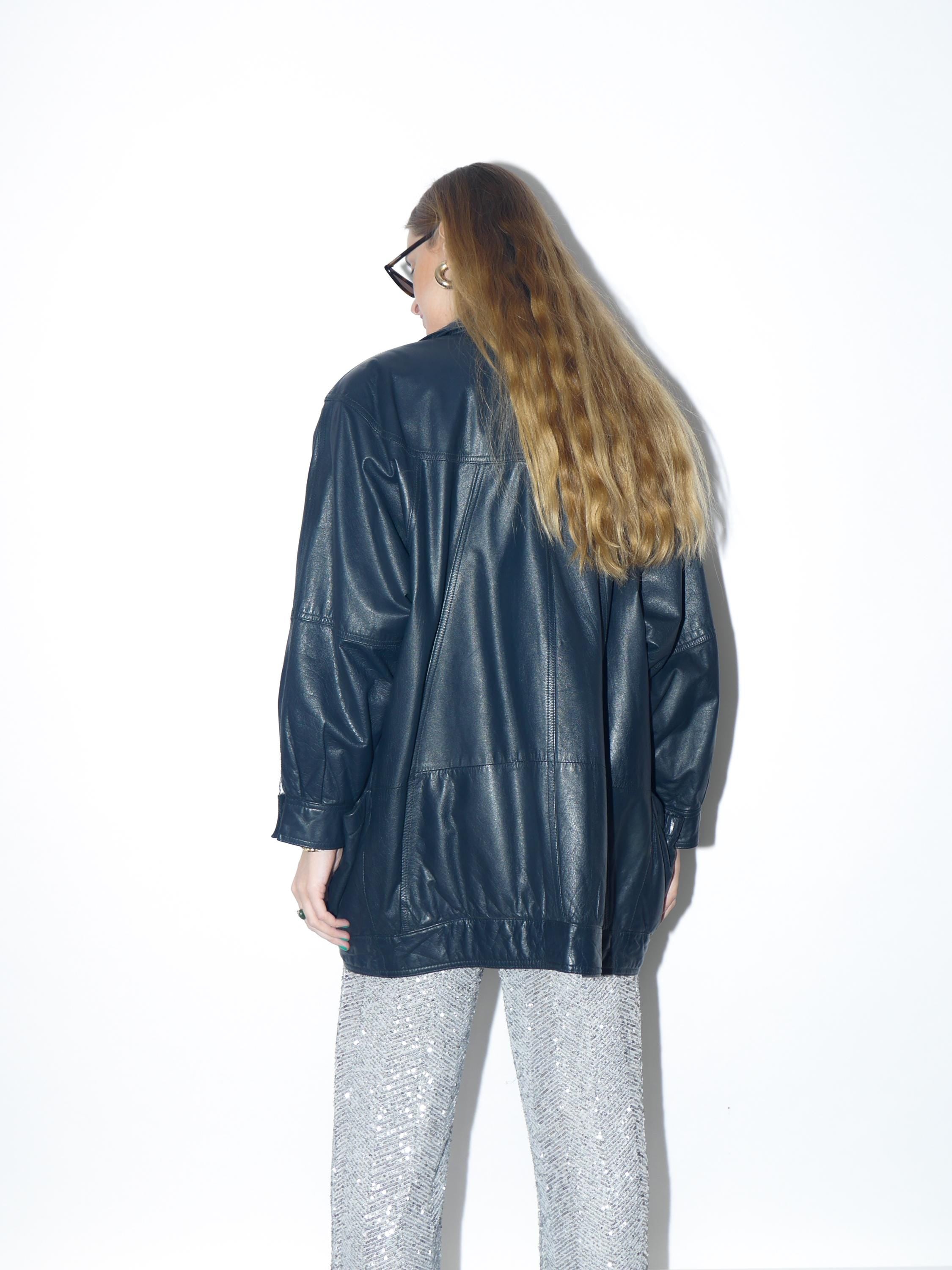 VINTAGE navy leather jacket from 1980s in oversize fit with stand-up collar