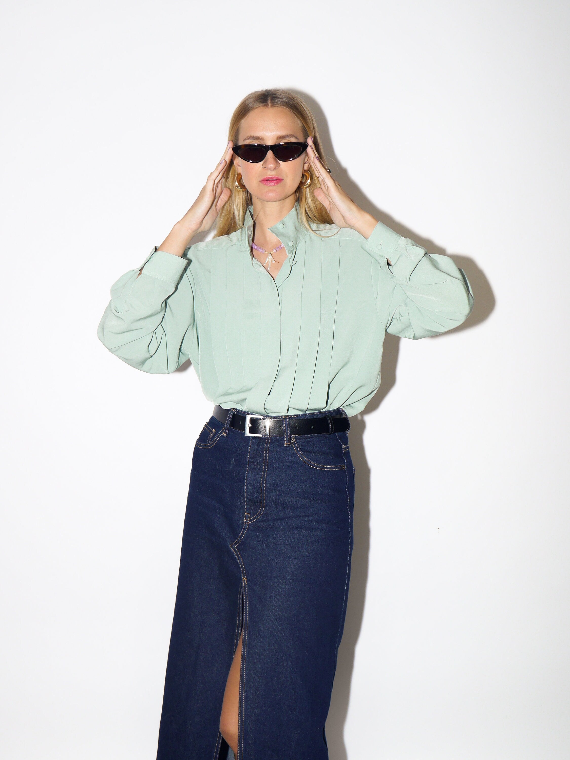 VINTAGE pastel green womens blouse with a stand-up collar and pleats at the front from 1980s | retro style