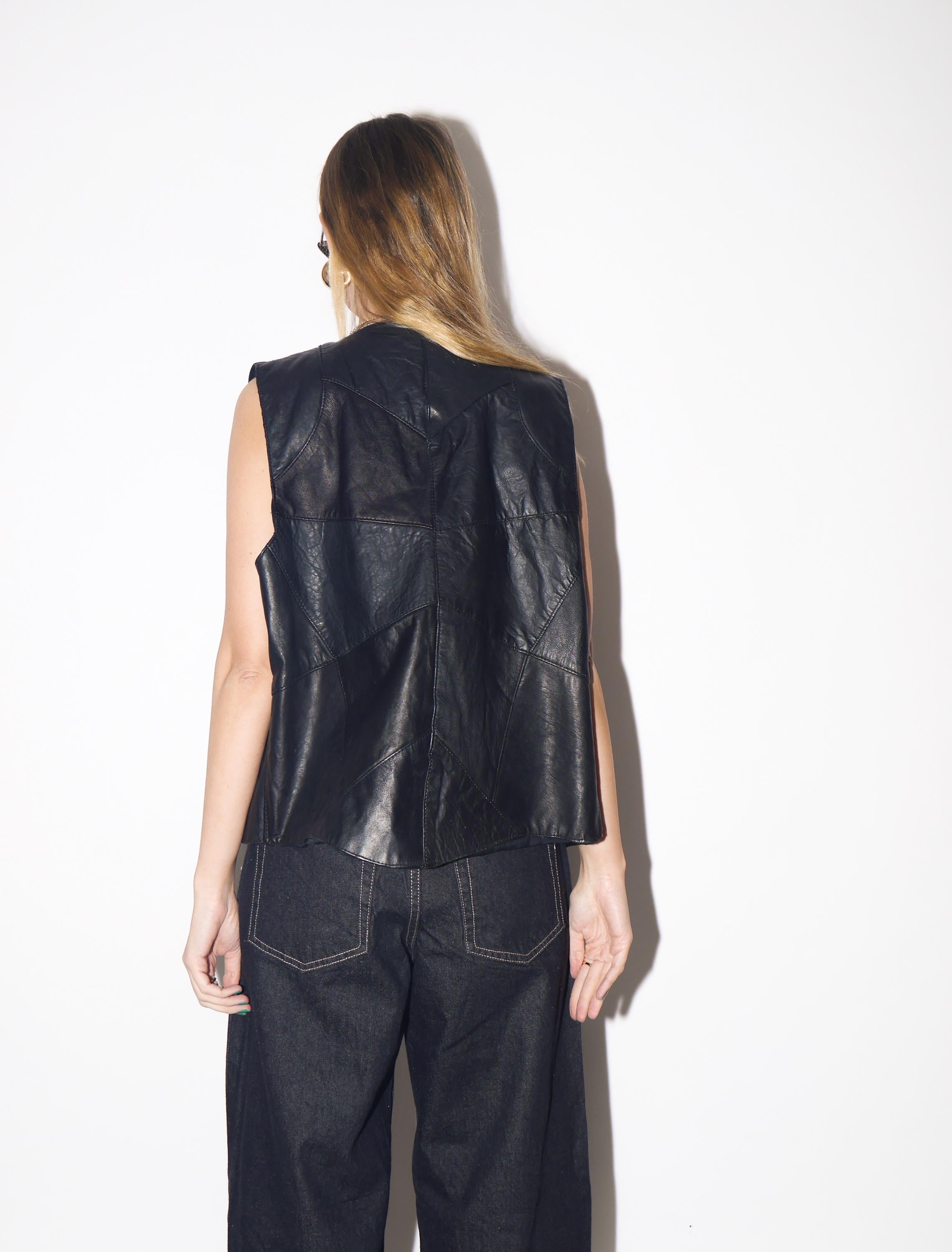 VINTAGE Black Leather Vest from 1980s | Oversized Biker Waistcoat w/Snap Buttons