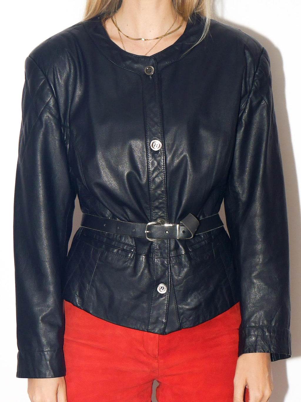VINTAGE Black Cropped Leather Jacket With Shoulder Pads From The 1980s