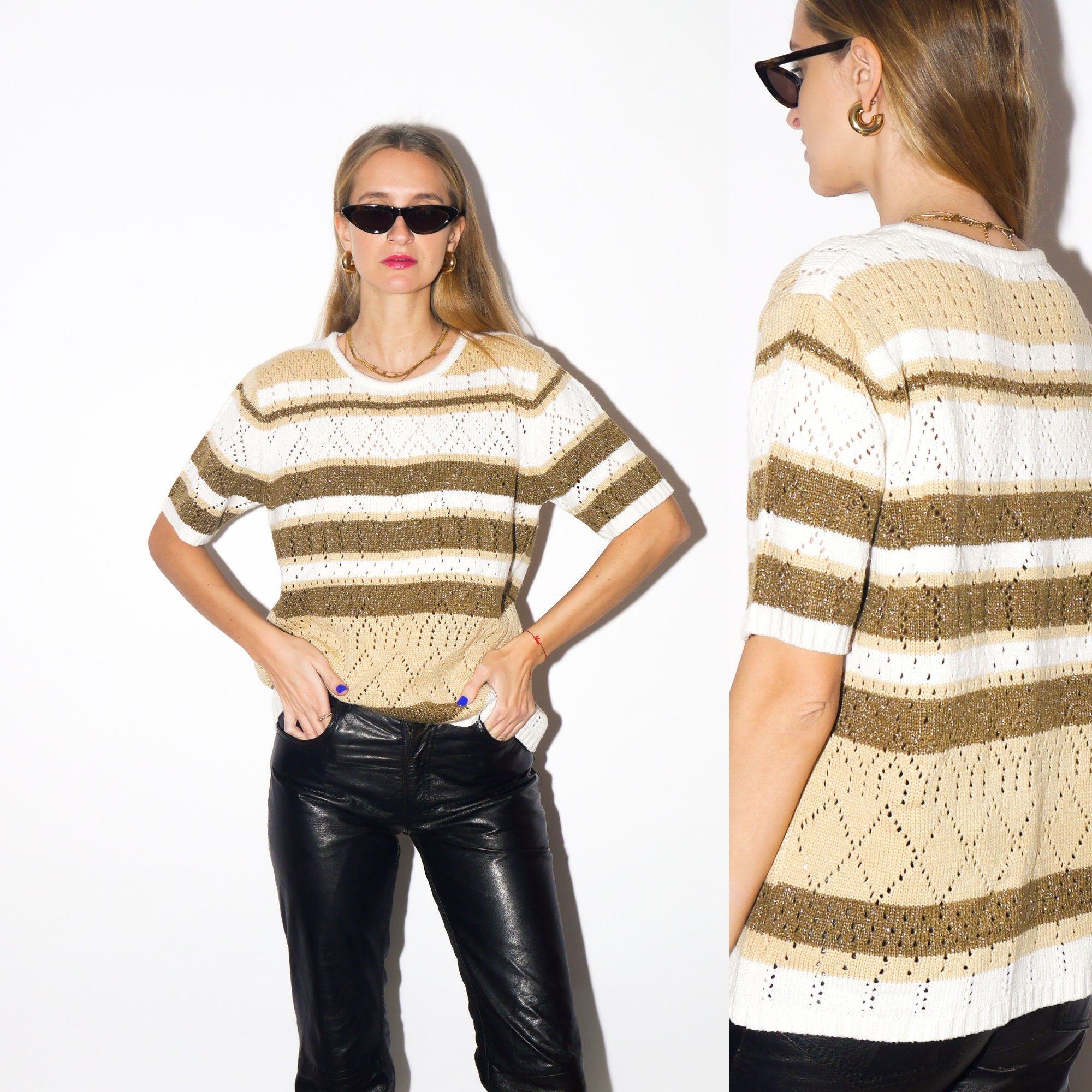 VINTAGE metallic sweater 1990s | short sleeve oversized cream and beige sweater | metallic thread stylish sweater | pullover with stripes