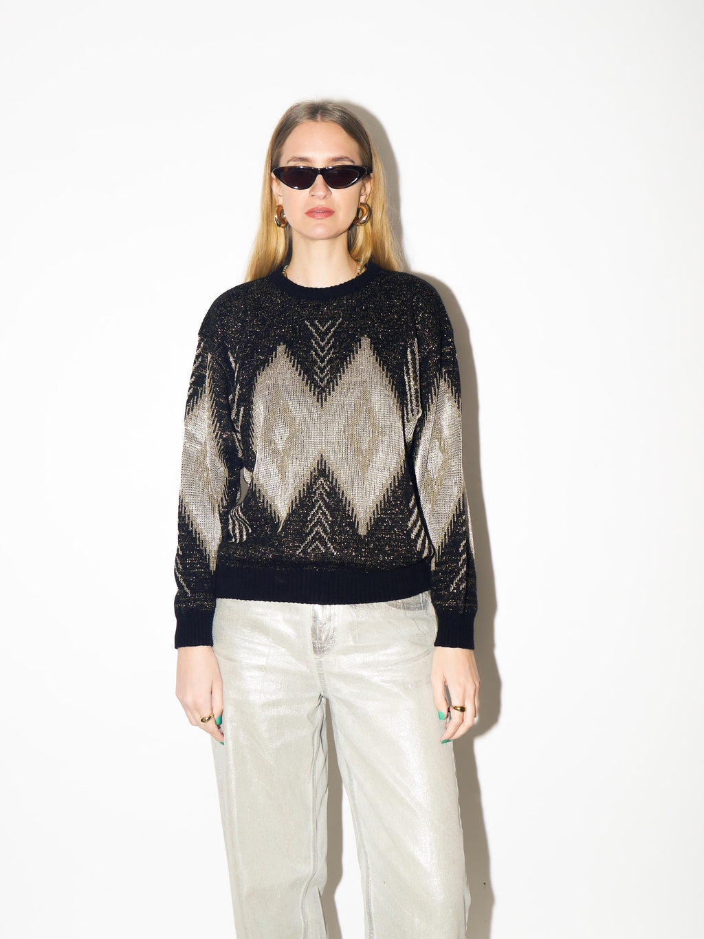 VINTAGE Black Metallic Cotton Sweater from 1980s | Gold & Silver Pullover