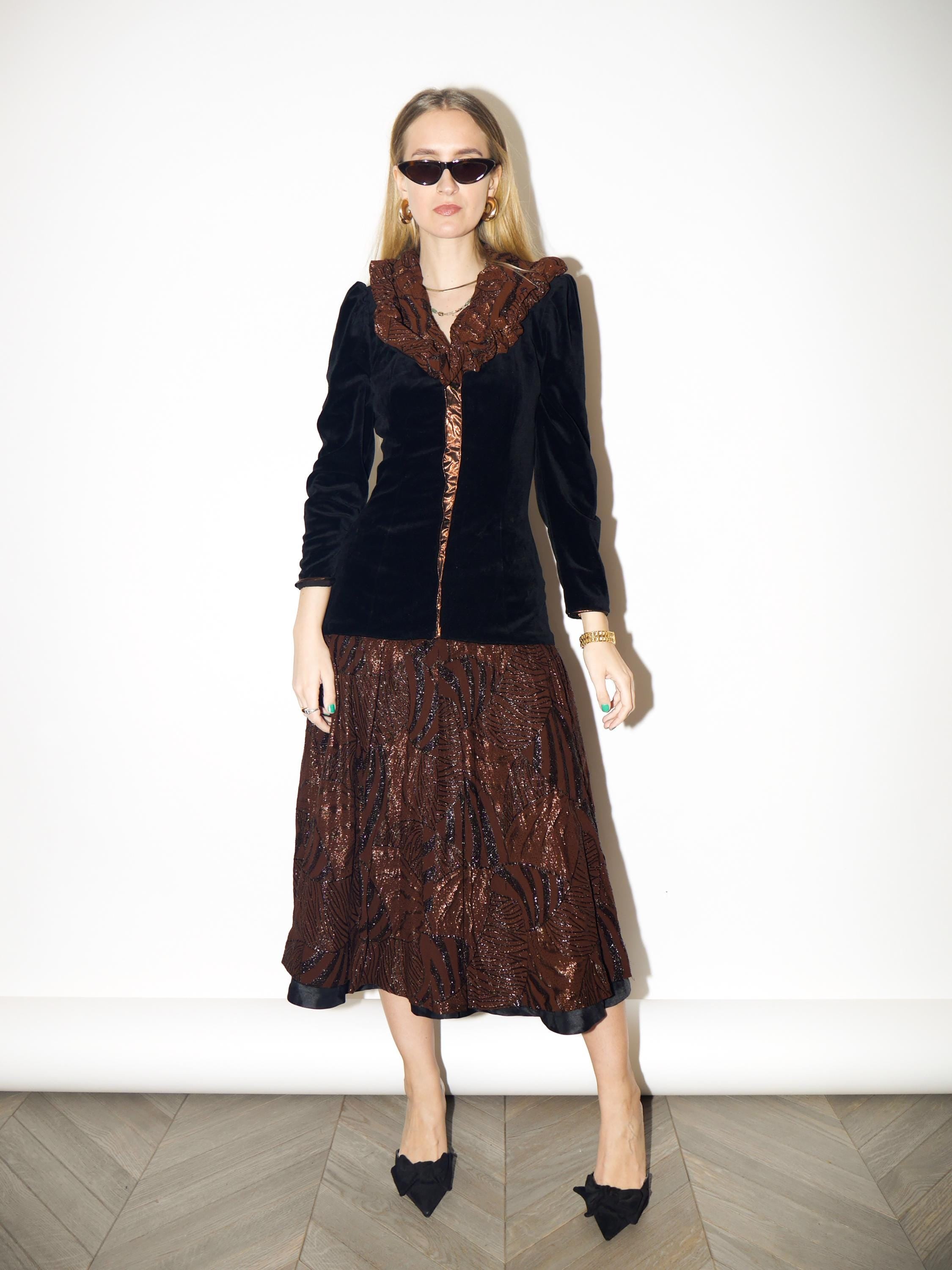 VINTAGE Evening Dress in Black Velvet from 1980s | Brown Midi Metallic Dress