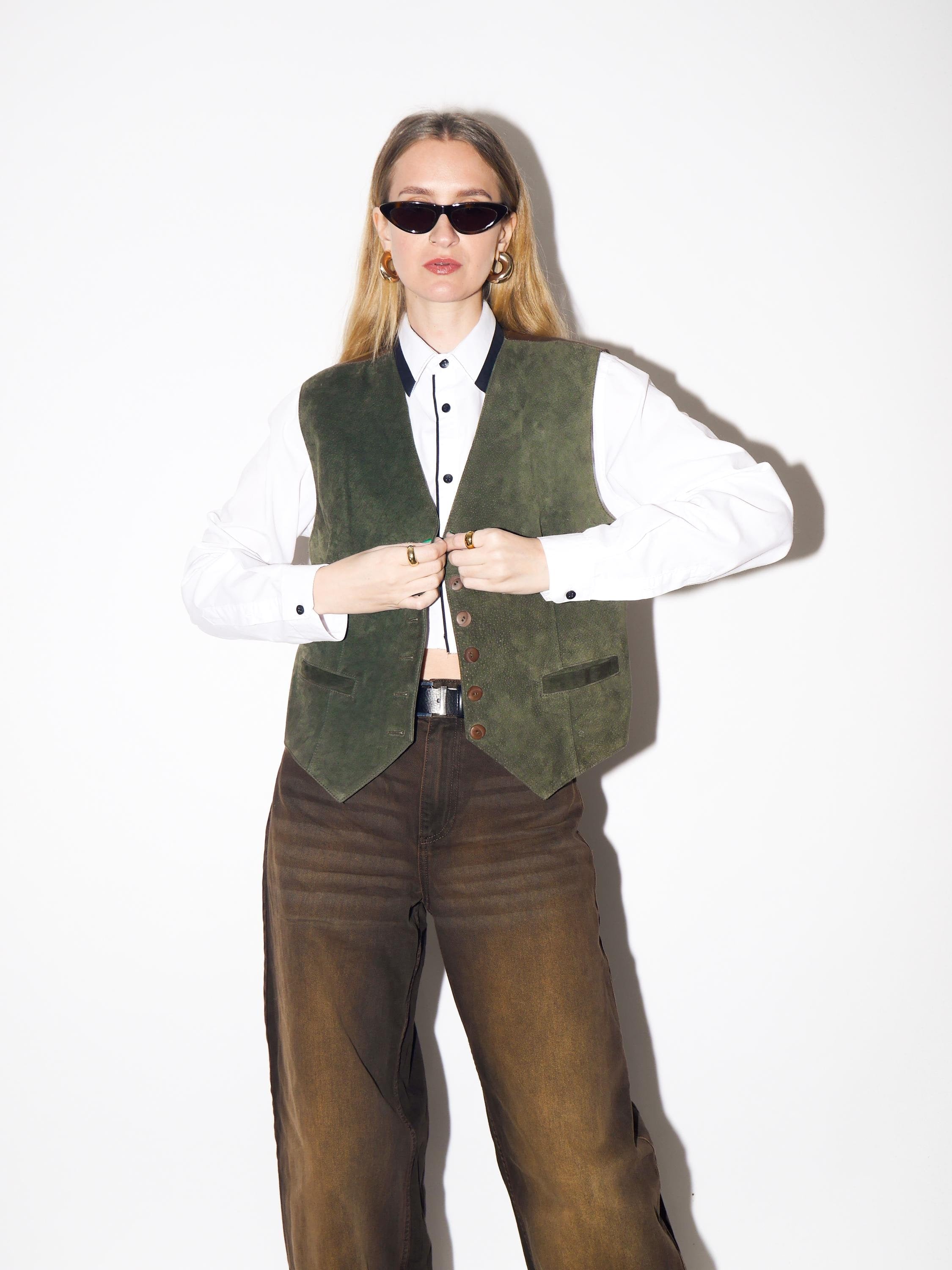 VINTAGE Bottle Green Suede Leather Vest from 1980s by Kippie®