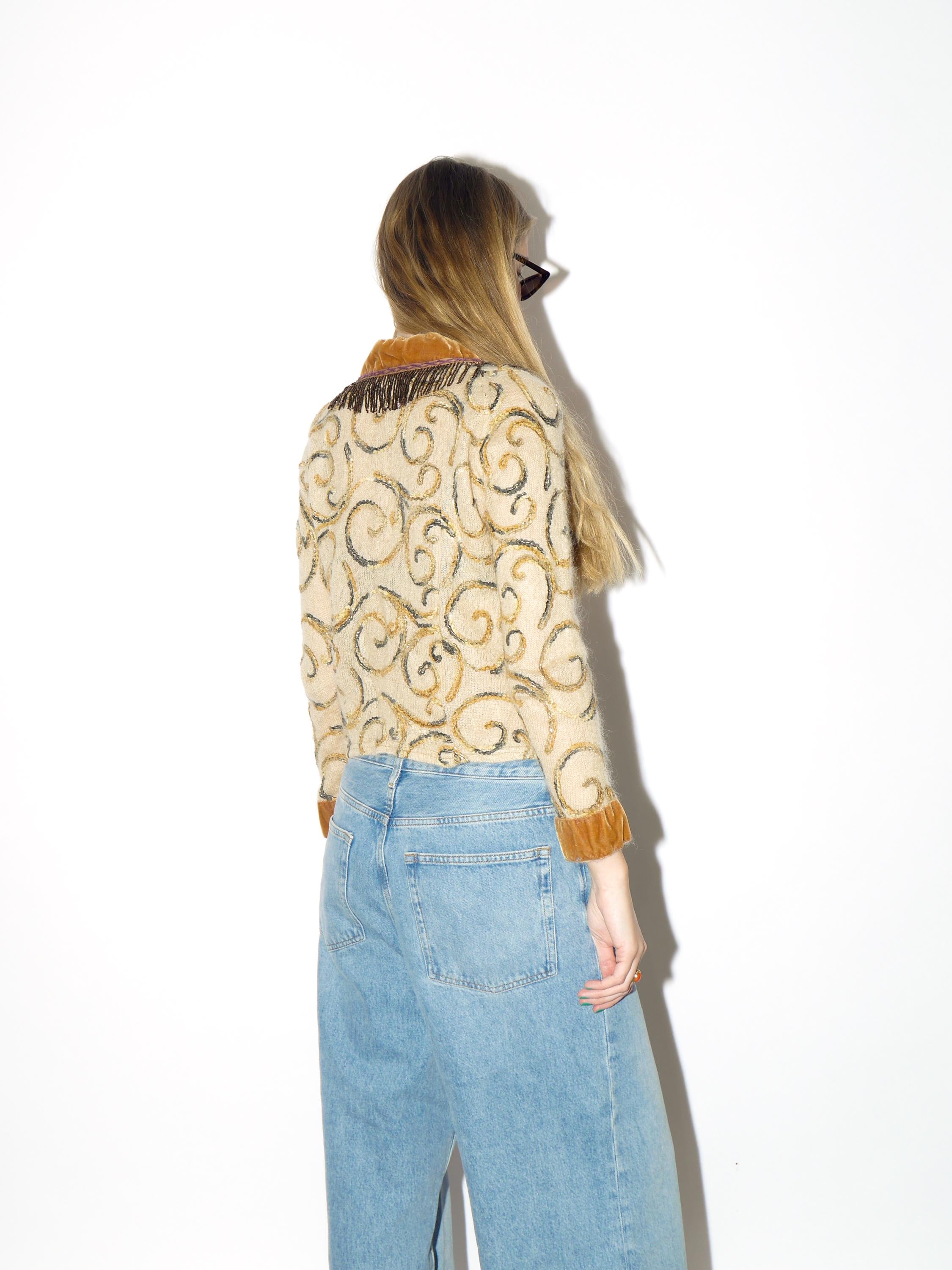 VINTAGE beige mohair cardigan from 1990s with bead embroidery, velvet elements