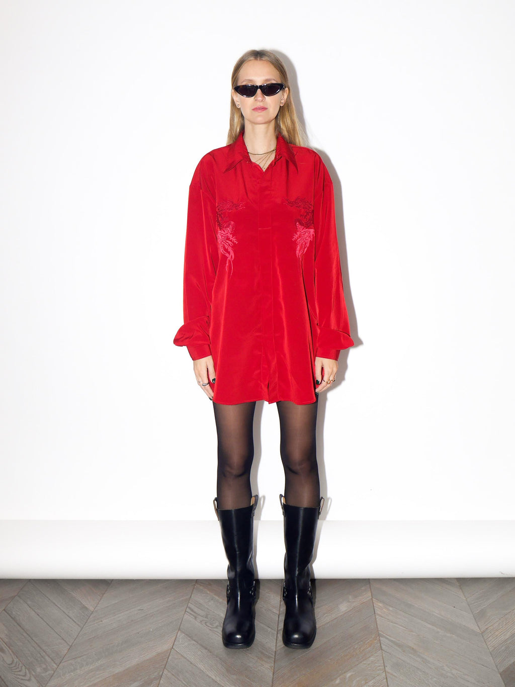 VINTAGE Red Burgundy Dragon Embroidered Oversized Long Sleeve Blouse From The 1980s By Nero Collezione