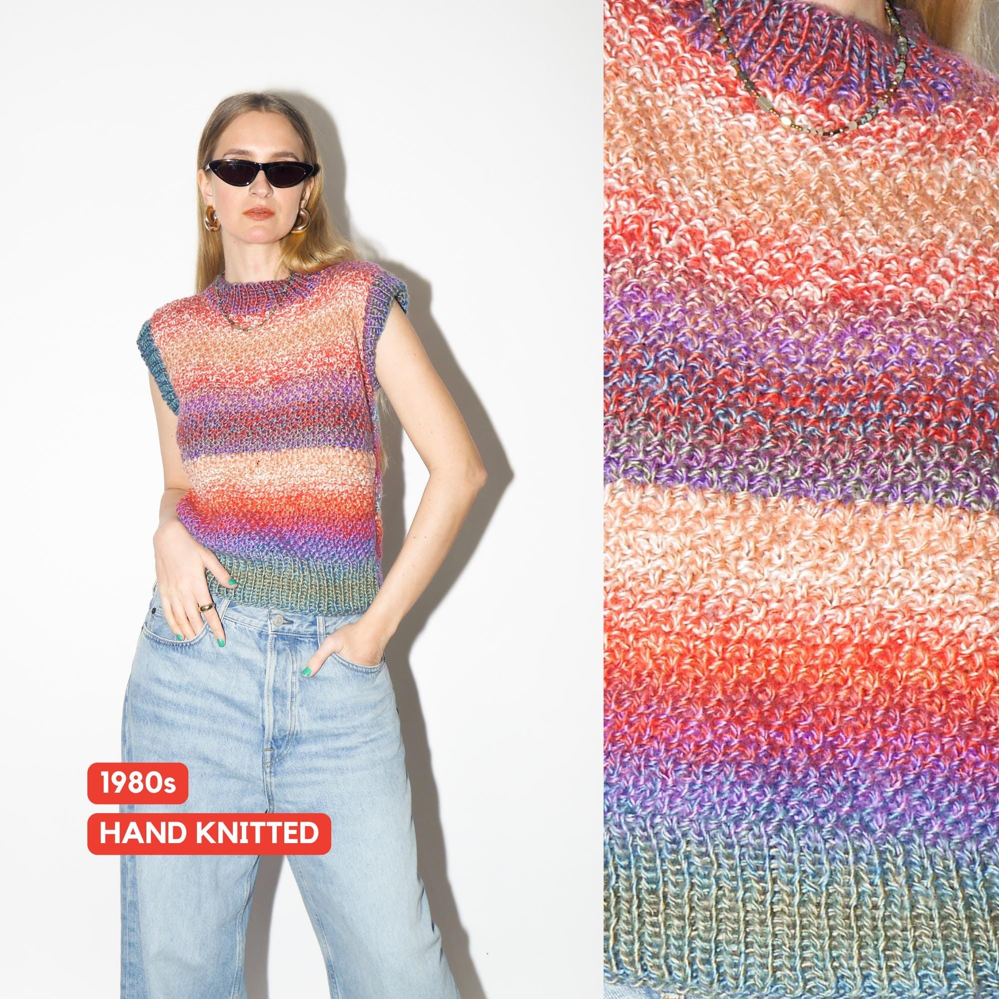 VINTAGE Rainbow Hand Knitted Vest from 1980s