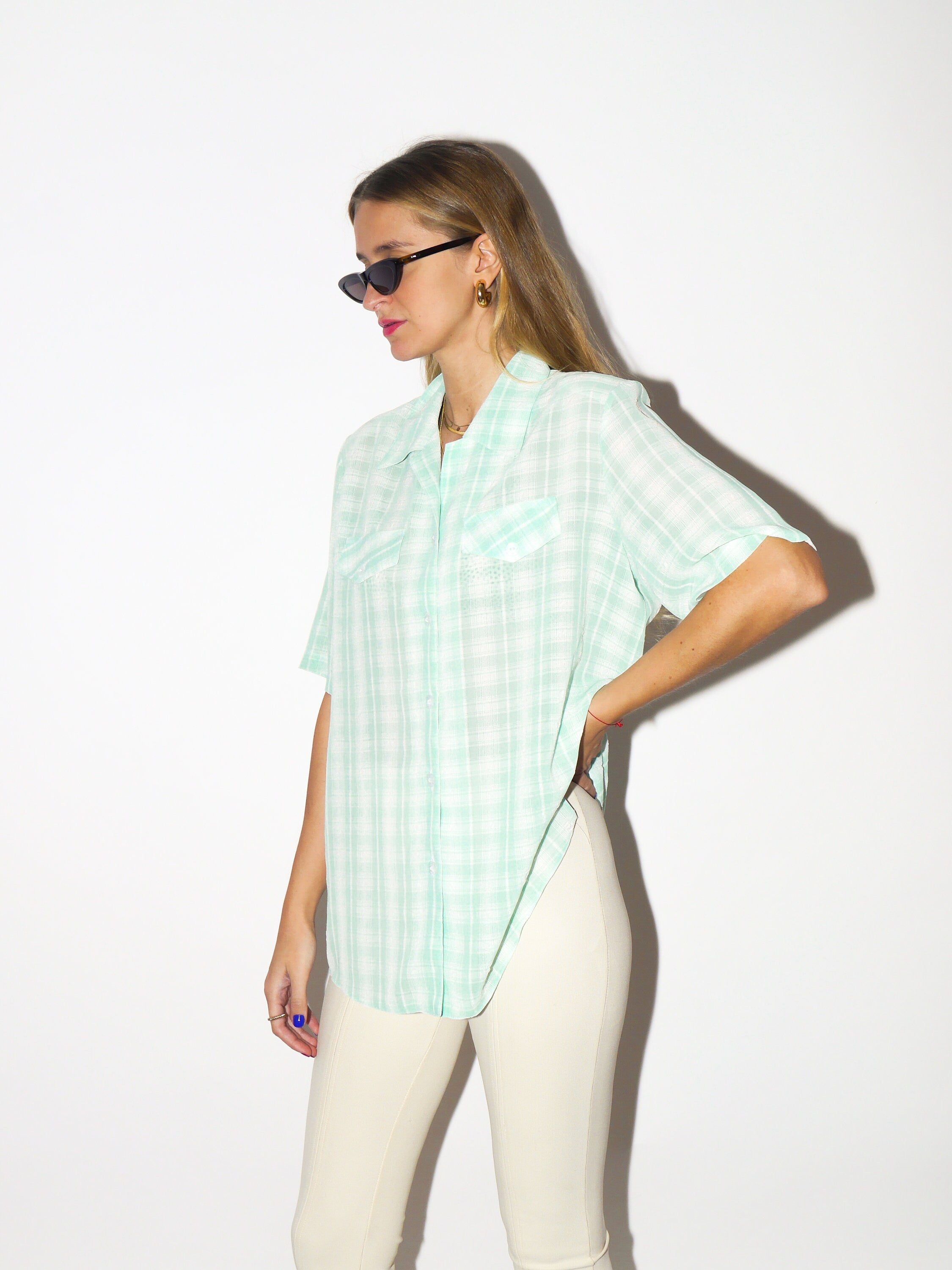 VINTAGE short sleeve shirt 1980s | Eva Styl unisex shirt with shoulder pads in green and white check pattern | retro oversize unisex shirt