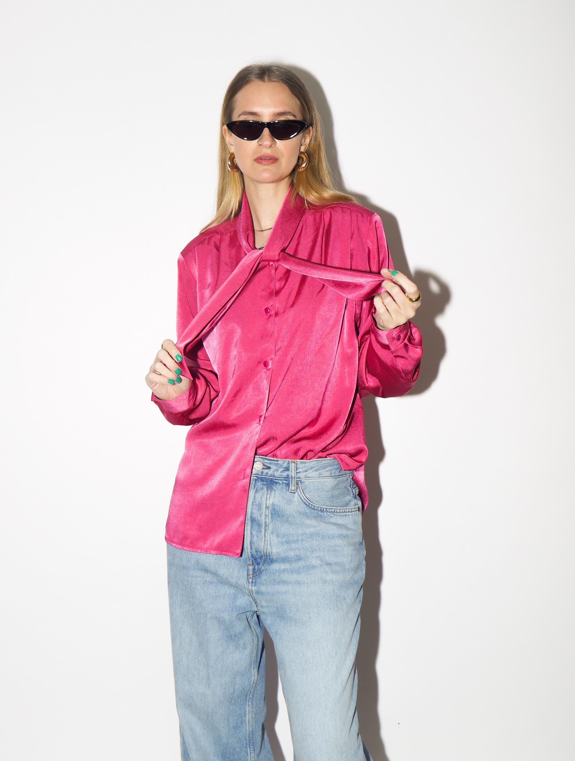 VINTAGE Pink Blouse from 1980s | Deep Pink Shiny Oversize Shirt by Anne Sofie®