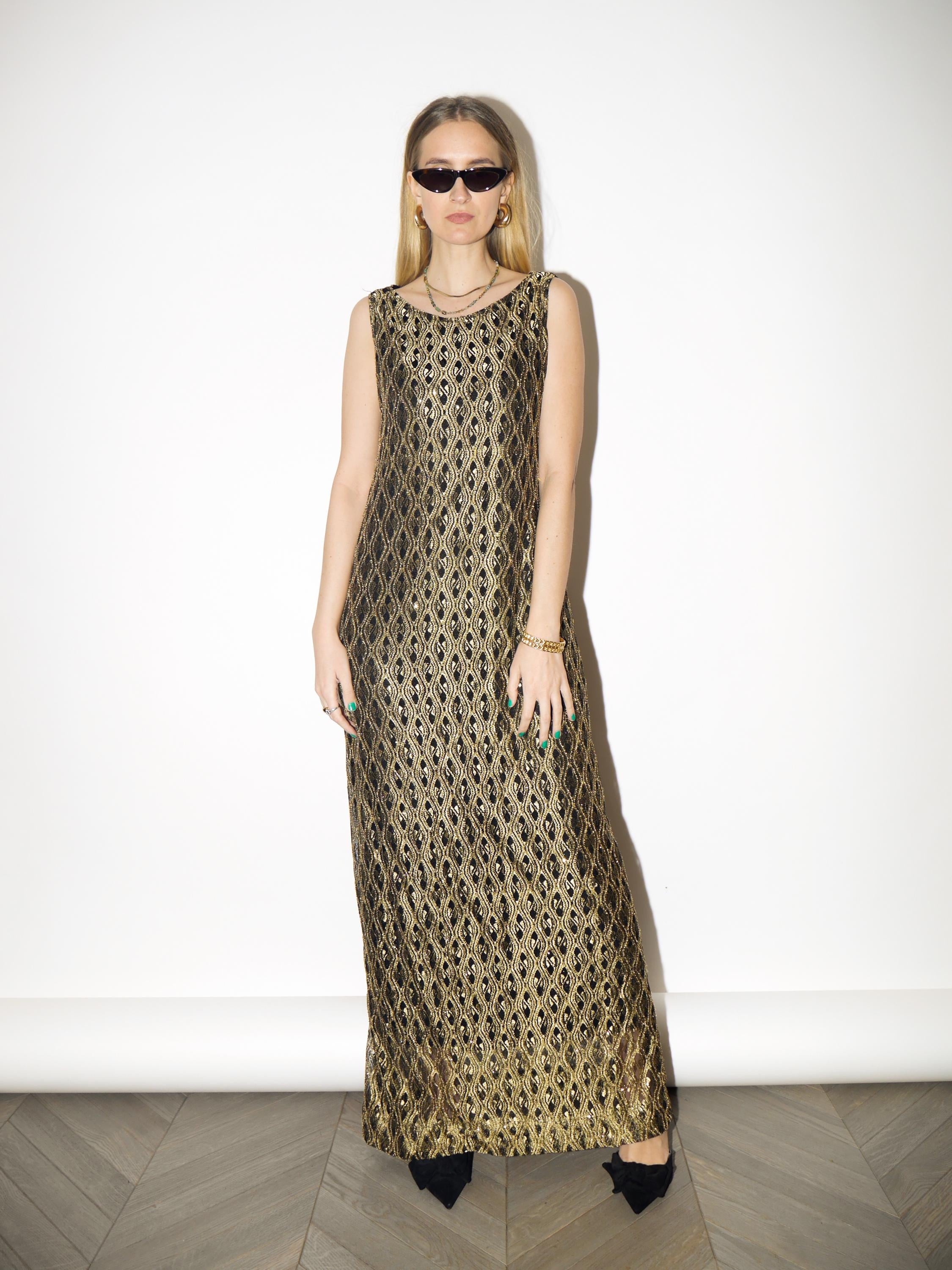 VINTAGE Gold Glittery Maxi Dress from 1980s | Sleeveless Long Evening Dress