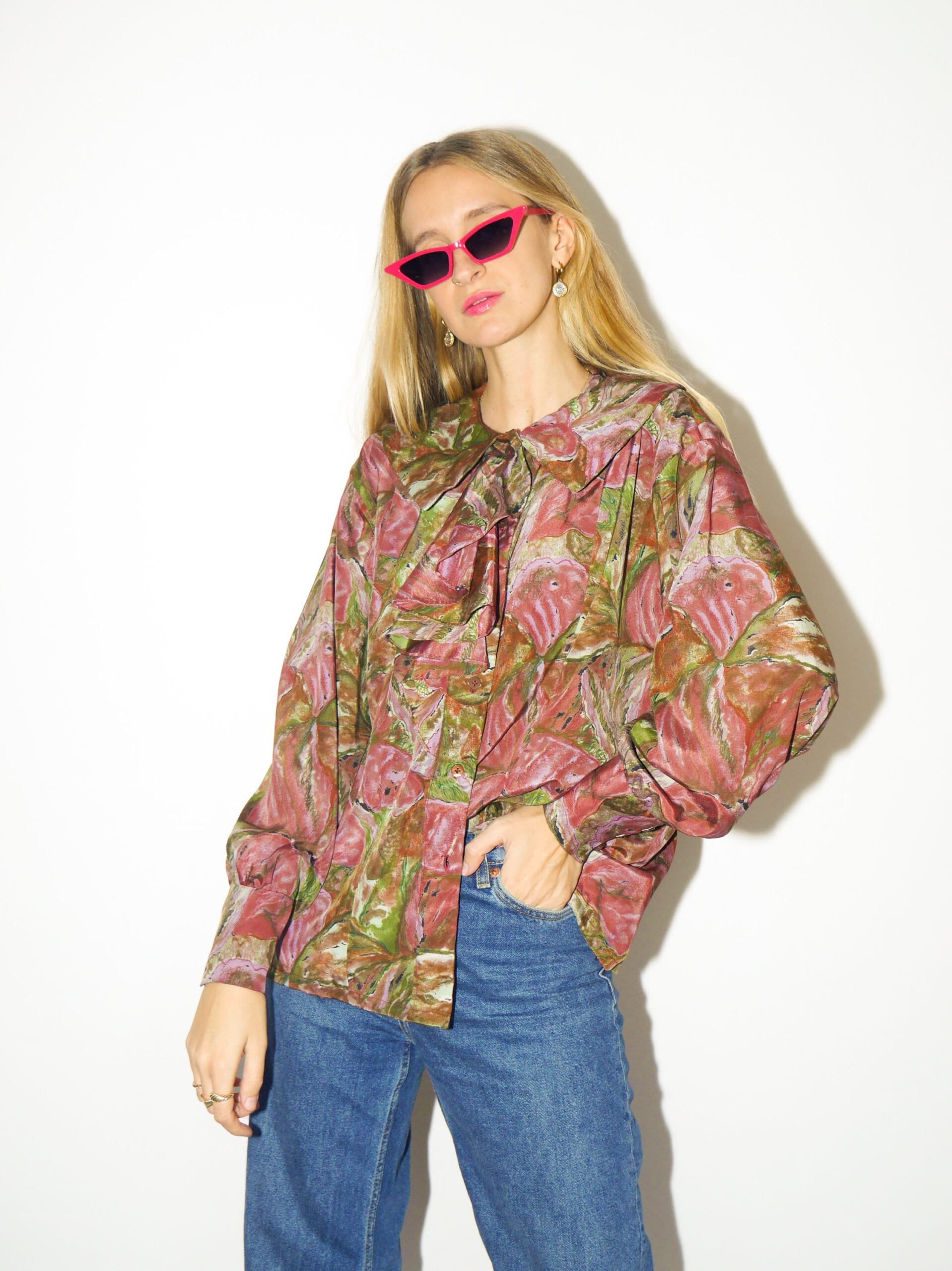 VINTAGE blouse 80s in floral pattern | pink and green shirt | retro shirt | 80s shirt | oversize fit from XS to XL