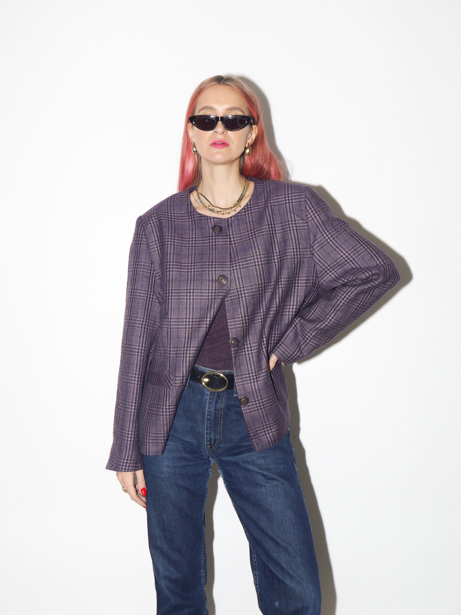 VINTAGE 100% pure new wool blazer 1980s by Equorian Heritage | purple pure new wool blazer | checkered vintage wool blazed