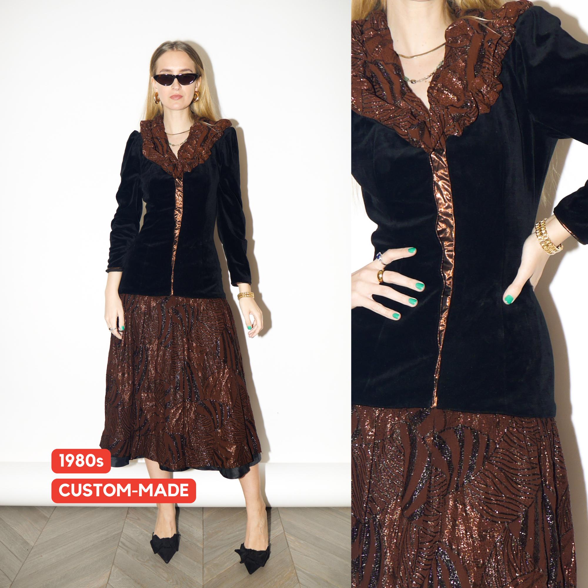 VINTAGE Evening Dress in Black Velvet from 1980s | Brown Midi Metallic Dress