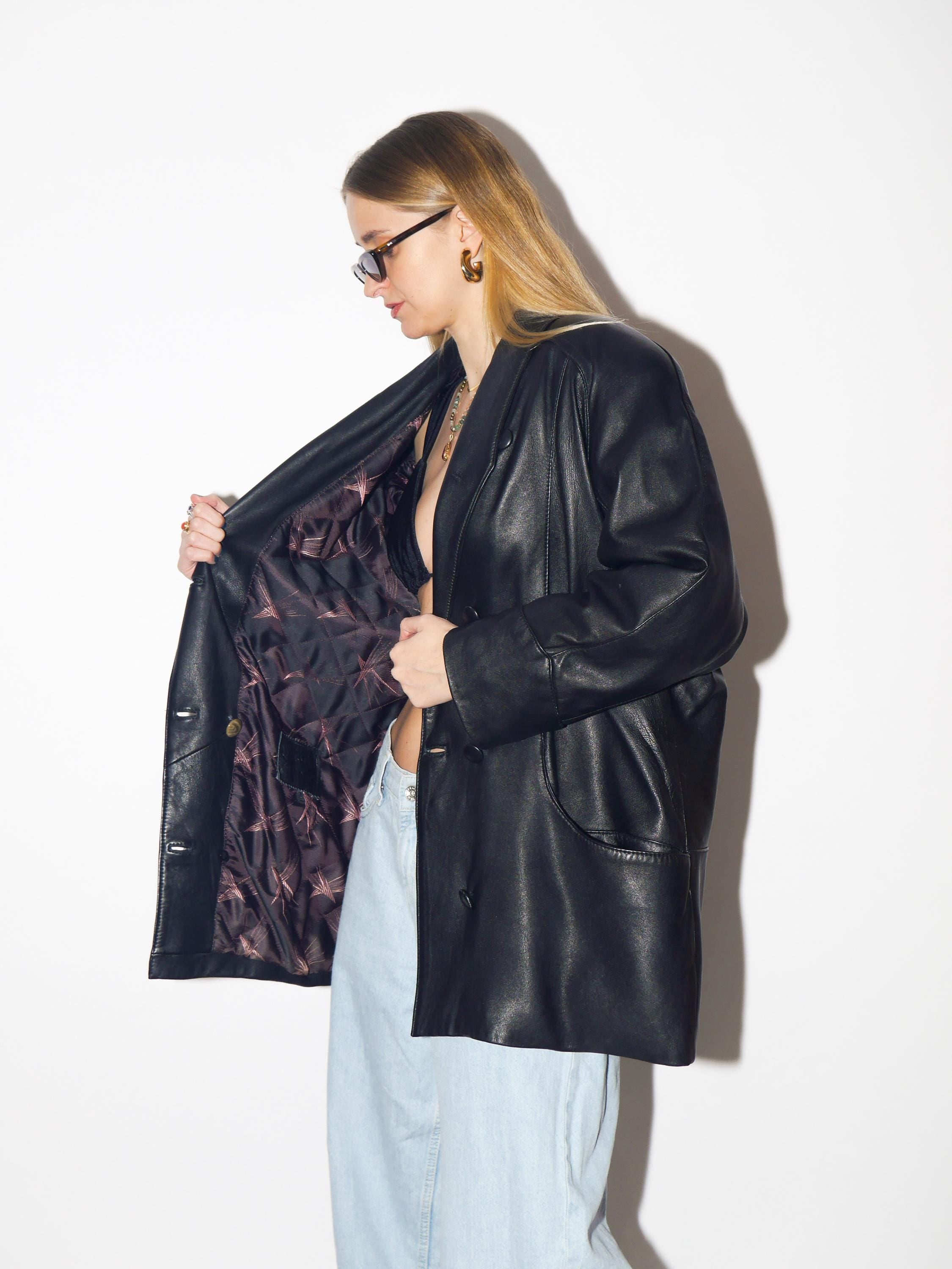 VINTAGE black leather jacket from 1980s | premium soft leather oversize blazer