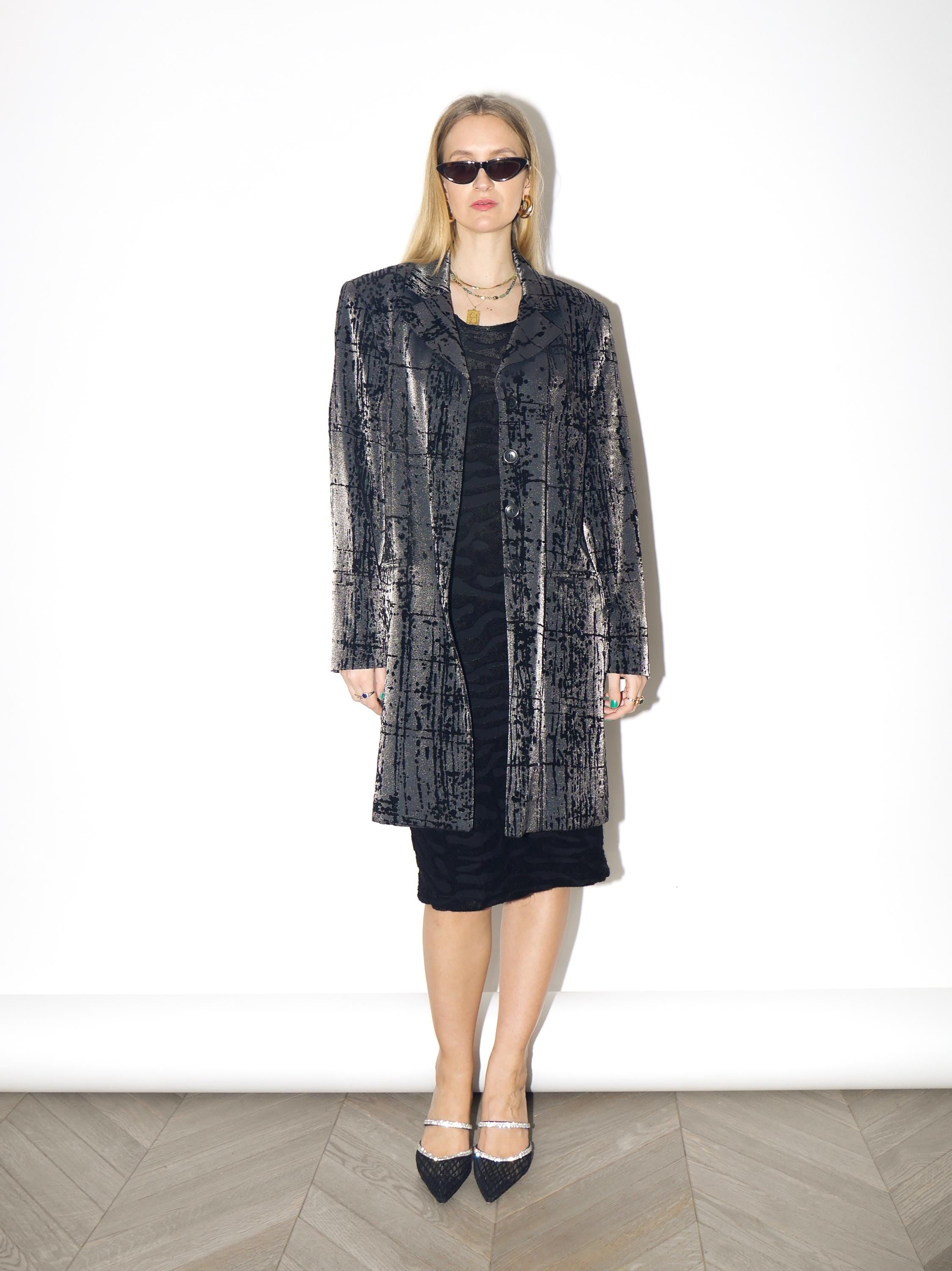 VINTAGE long silver viscose blazer from 1980s with metallic and velvet by Kello®