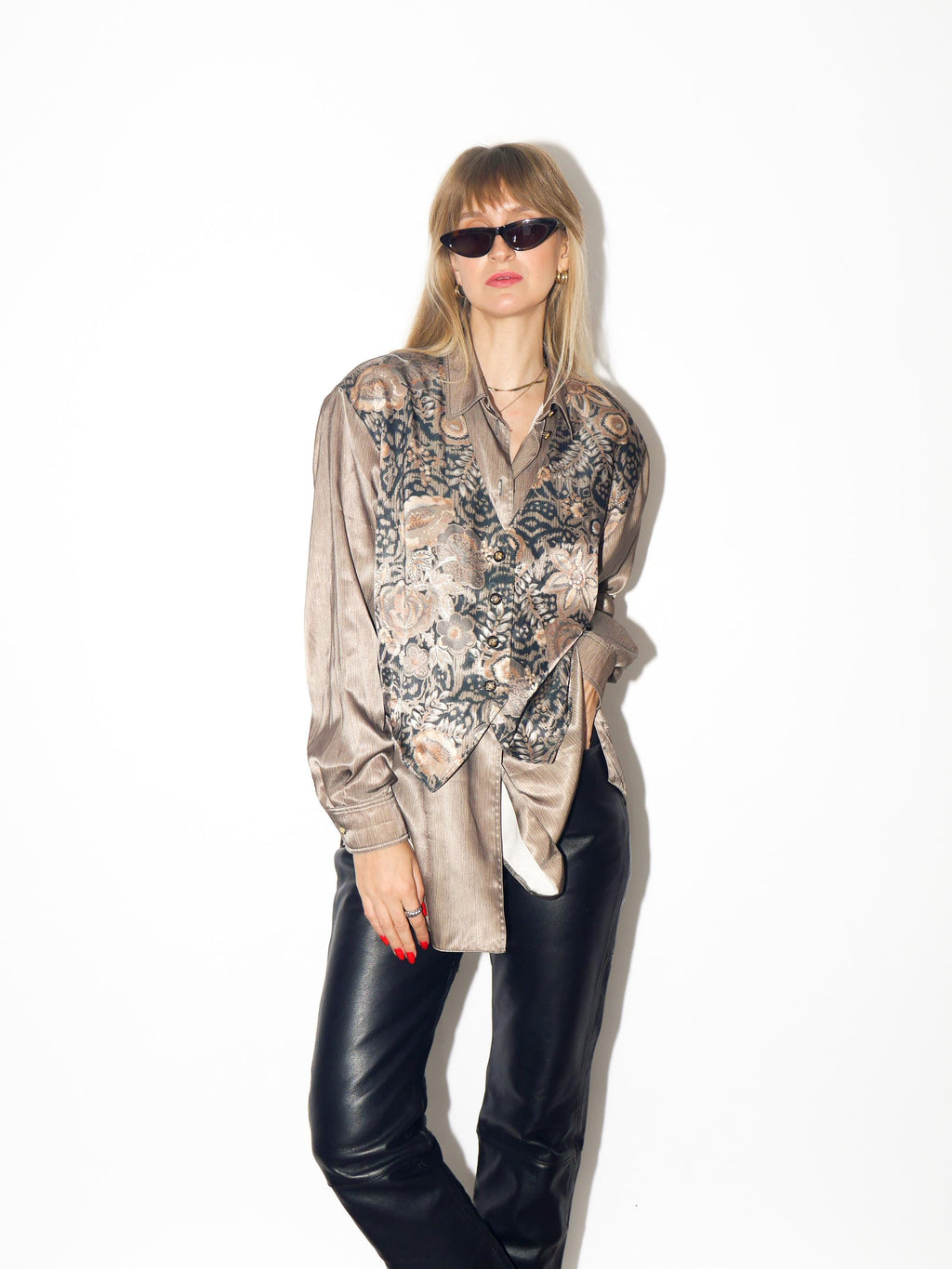 VINTAGE Khaki Gold Floral Animal Print Long Sleeve Blouse From The 1980s By Erfv