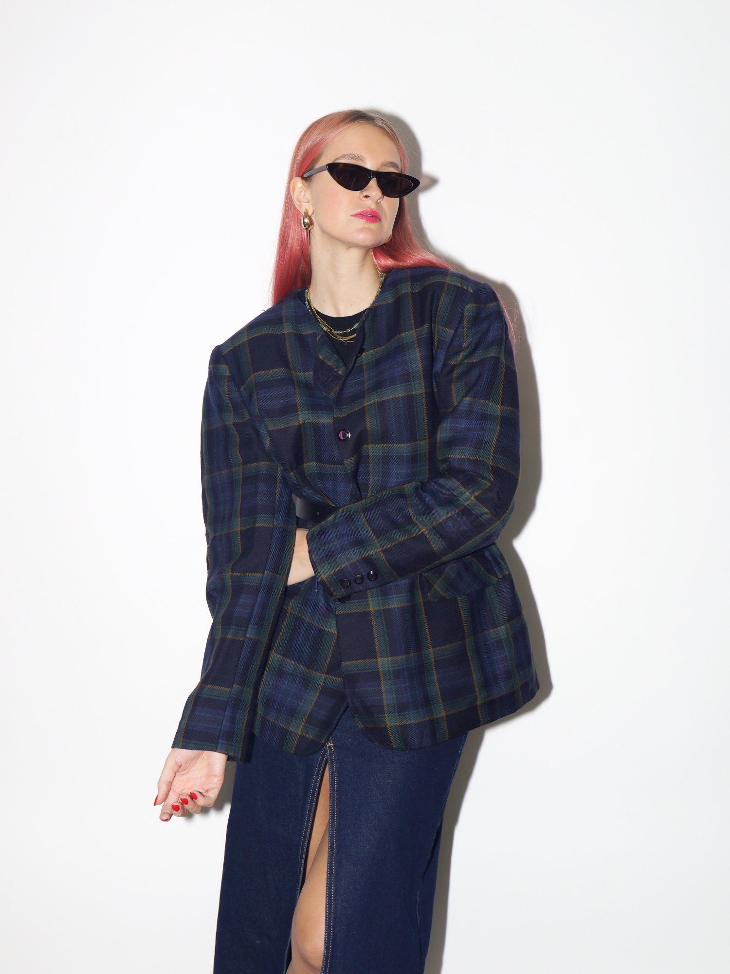 VINTAGE 100% wool blazer 80s by Compliment | pure new wool blazer | vintage oversized wool blazer | blue and green check blazer