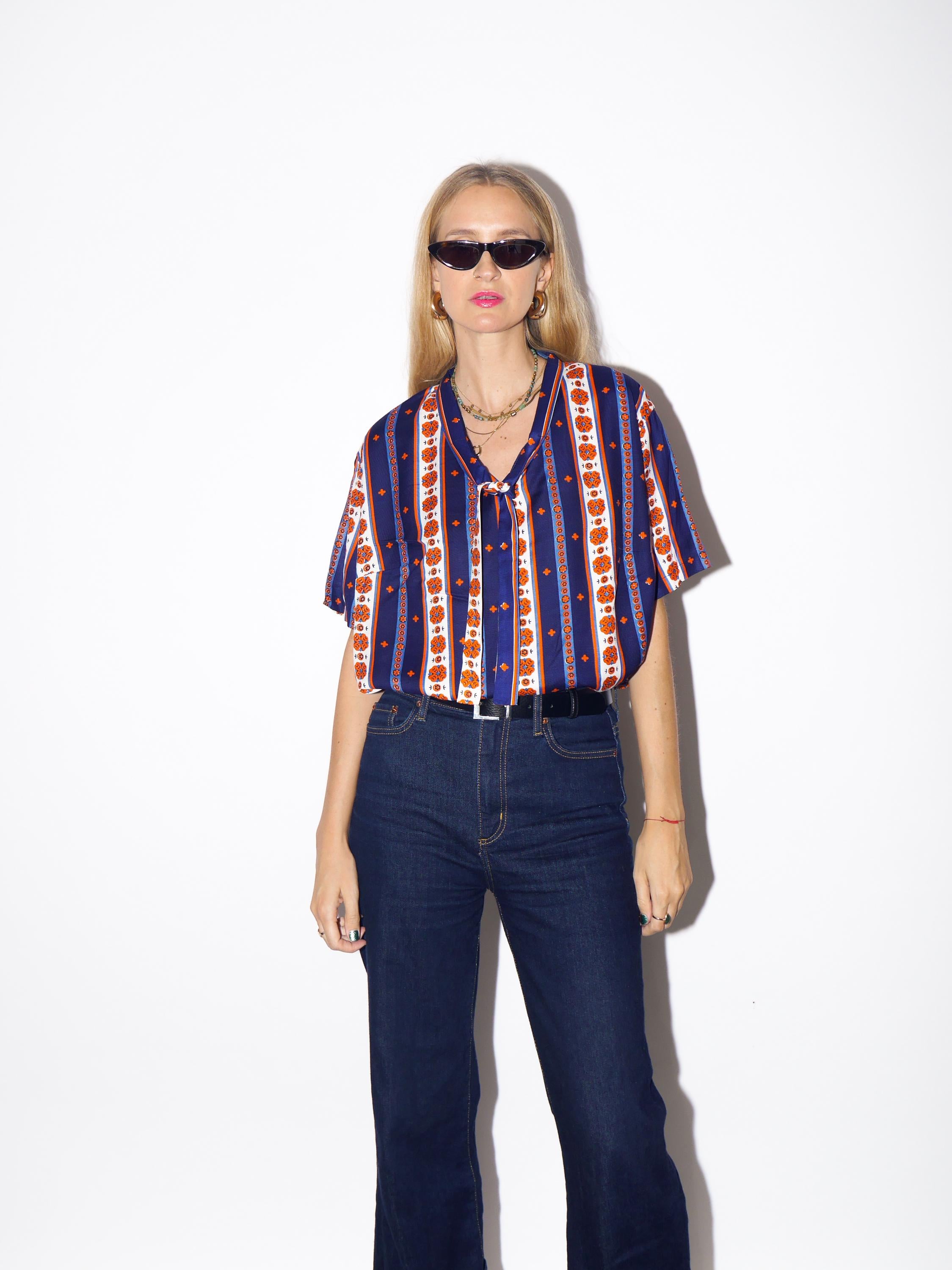 1970s Striped Blouse - Vintage Navy/Orange/White Vertical Striped Handmade Shirt with Folk Print and Front Bow, Retro Short Sleeve Blouse