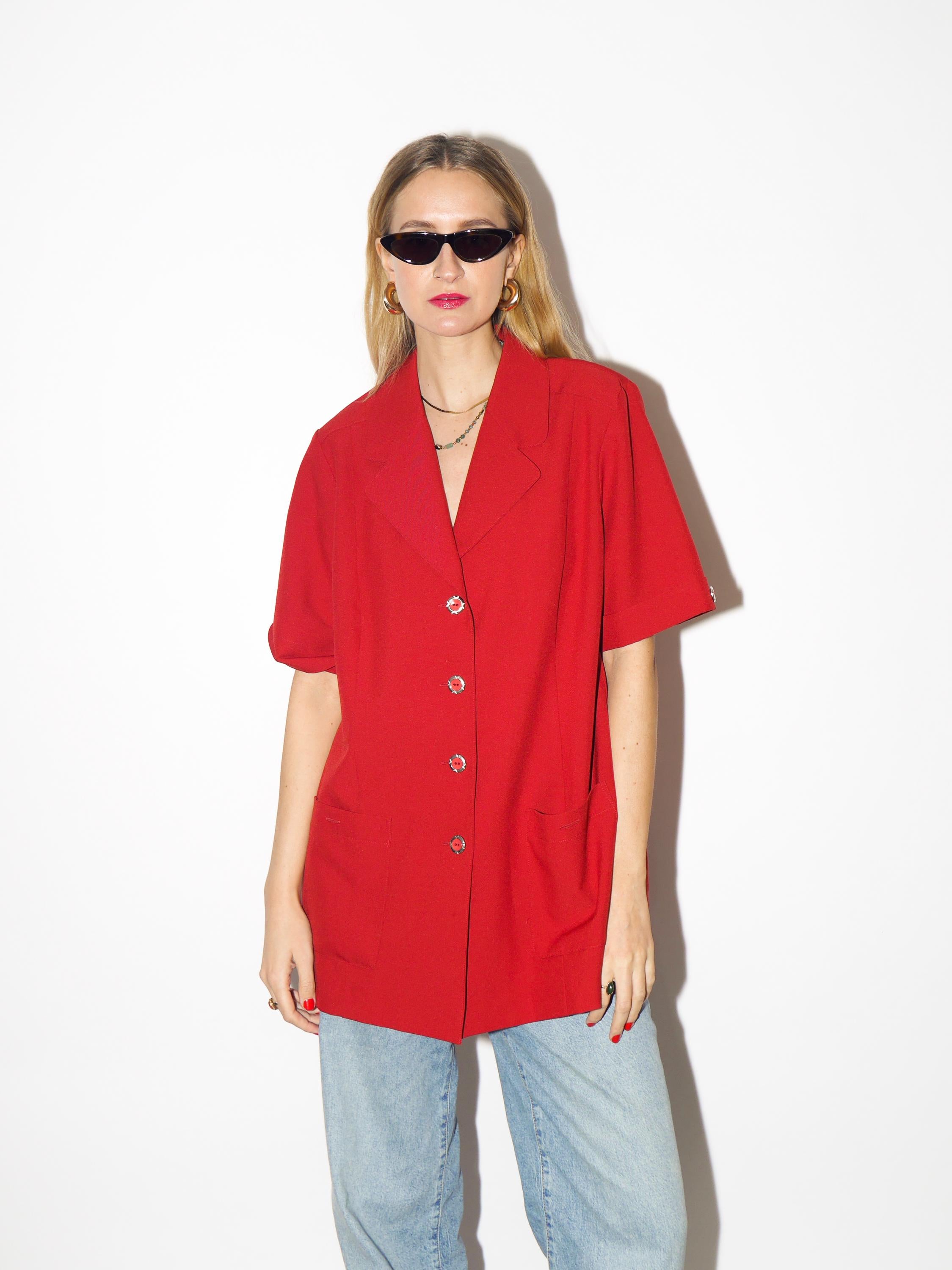 VINTAGE red blazer from 1980s, long blazer with short sleeve and gold buttons