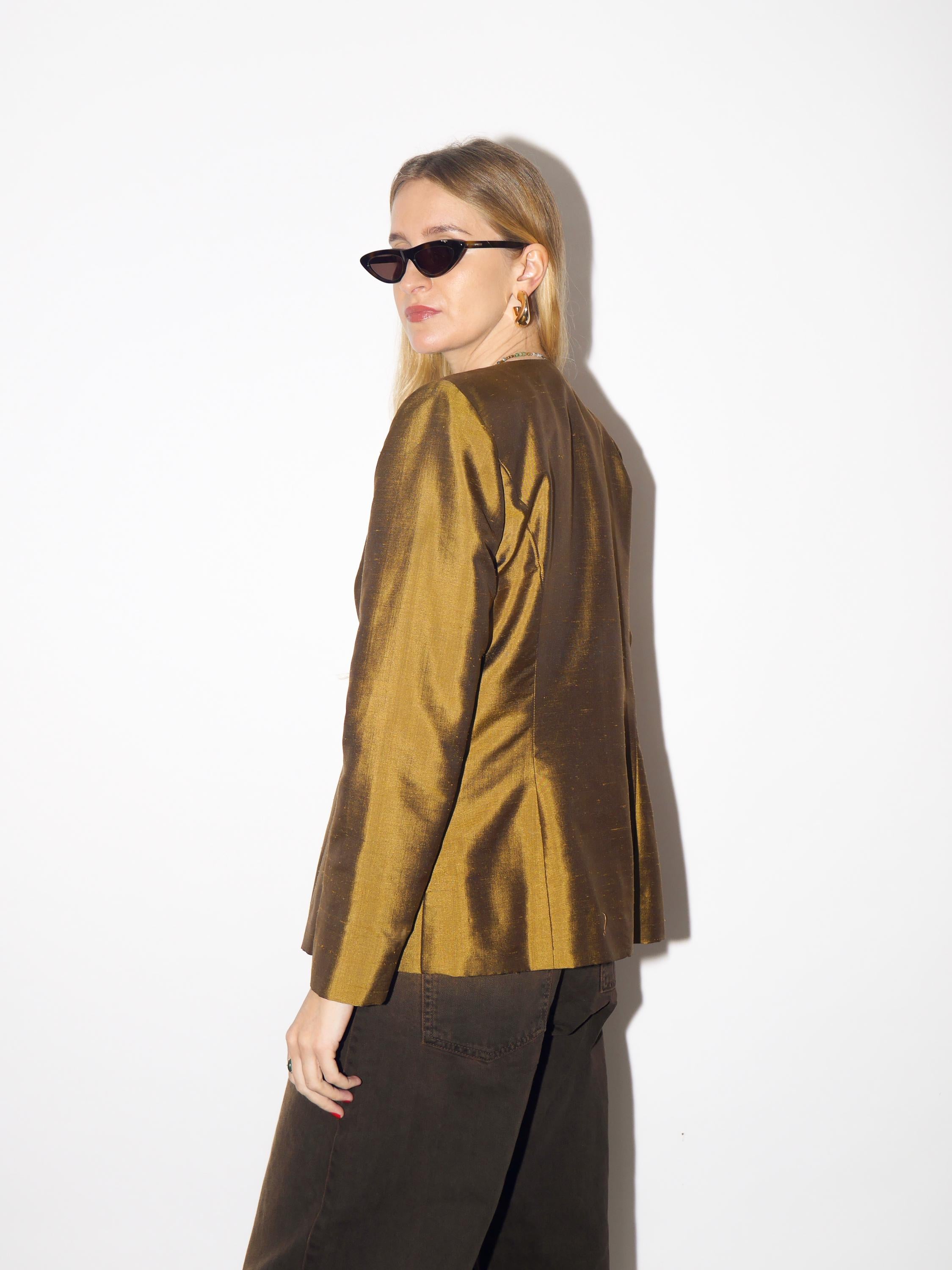 VINTAGE silk blazer in dark gold and olive color, fitted silk blazer from 1980s