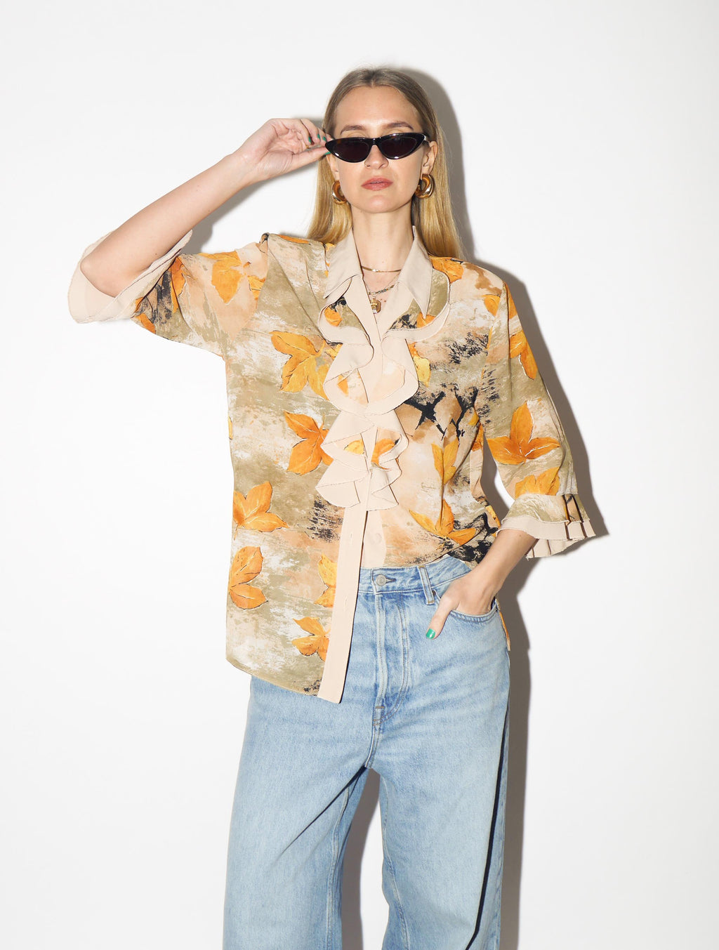 VINTAGE Beige & Yellow Leaf Print Blouse from 1980s | Retro Jabot Shirt by Izabel®