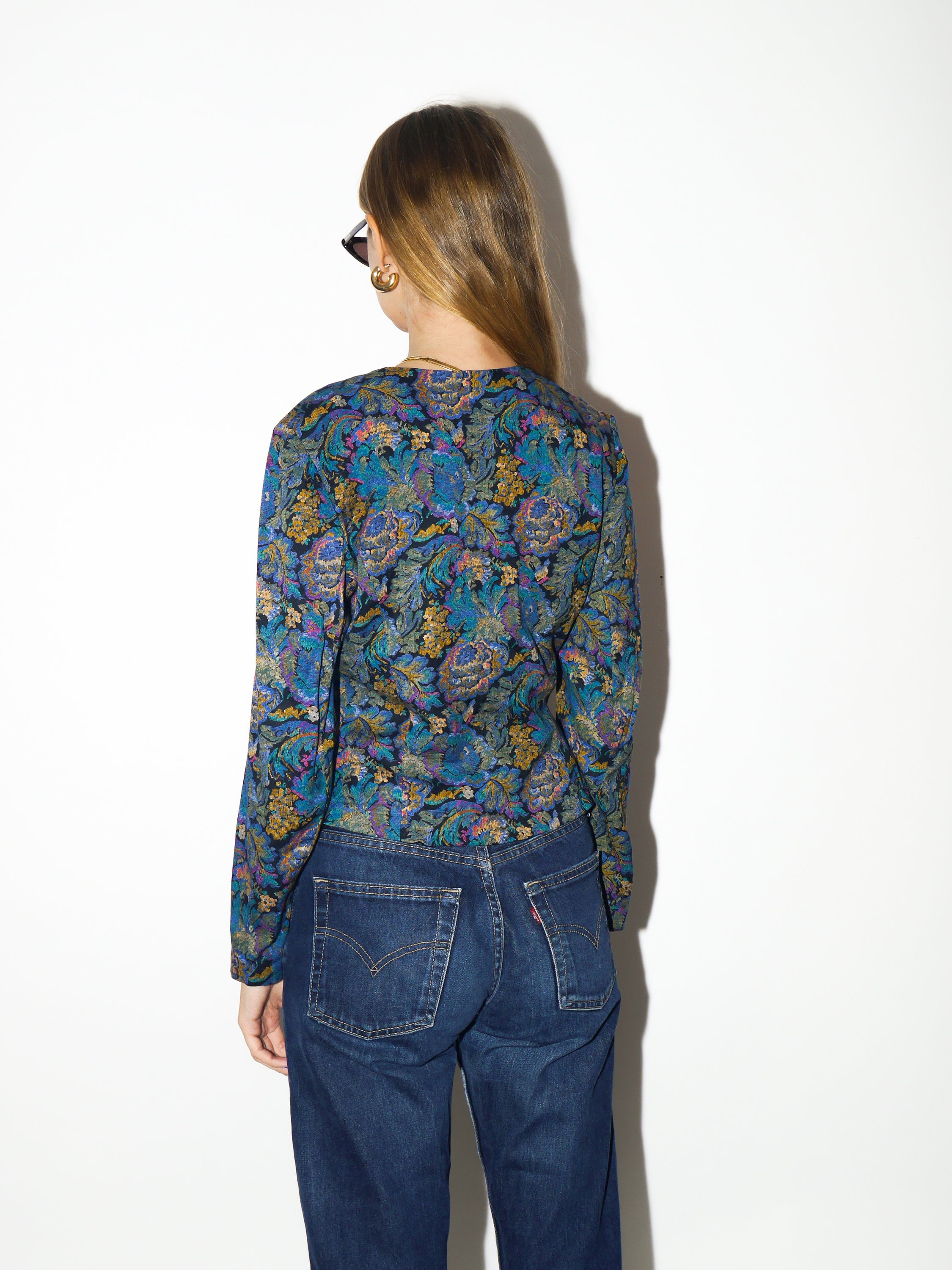 VINTAGE shirt 1980s | Topsi jacquard heart shaped neck blouse | vintage blue and yellow floral top | premium vintage blouse