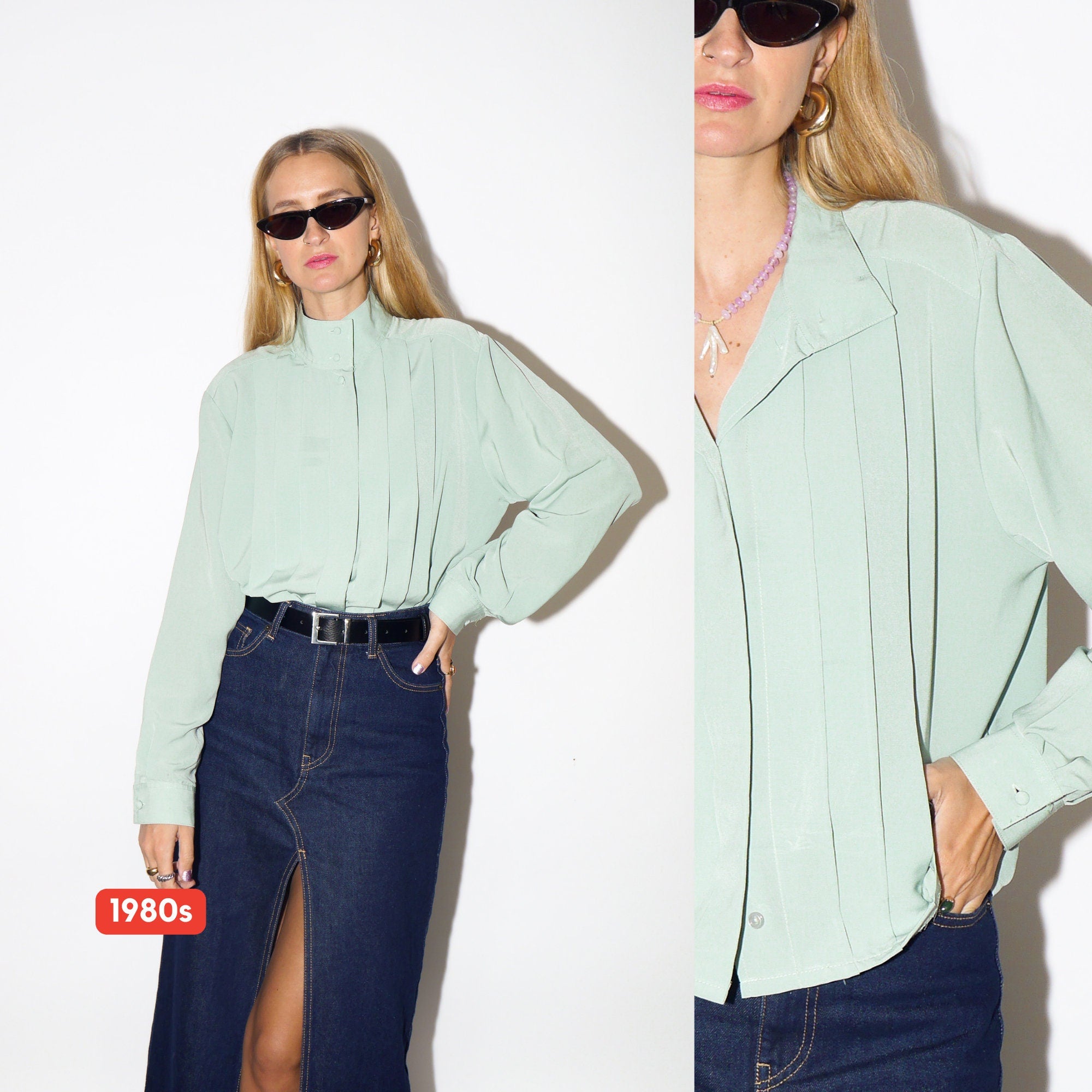 VINTAGE pastel green womens blouse with a stand-up collar and pleats at the front from 1980s | retro style
