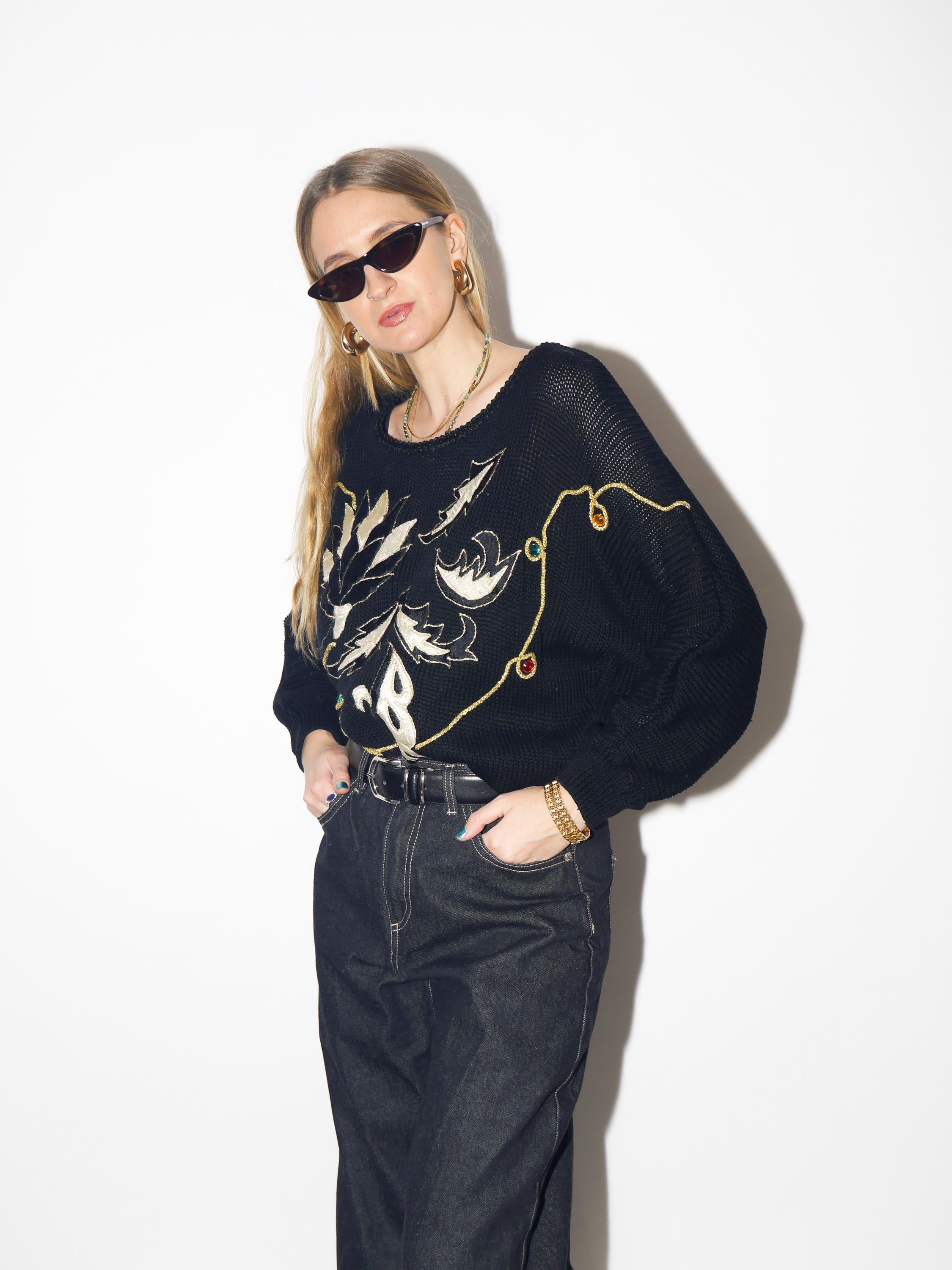 VINTAGE black oversize cotton sweater from 1980s with gold embroidery