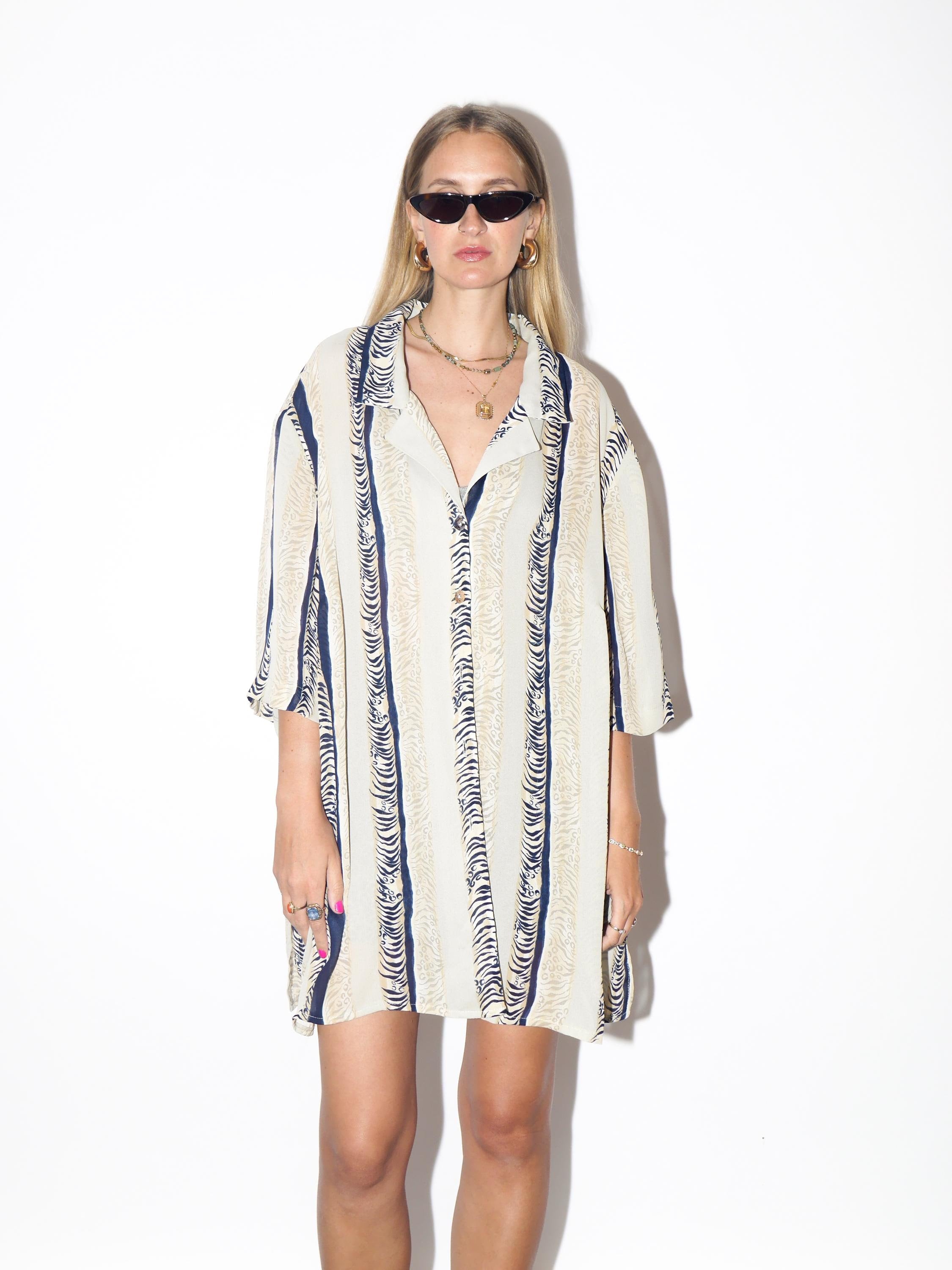 VINTAGE Oversized Beige Semi Sheer Animal Print And Navy Striped Shirt Dress With Opalescent Buttons From The 1980s By Canada