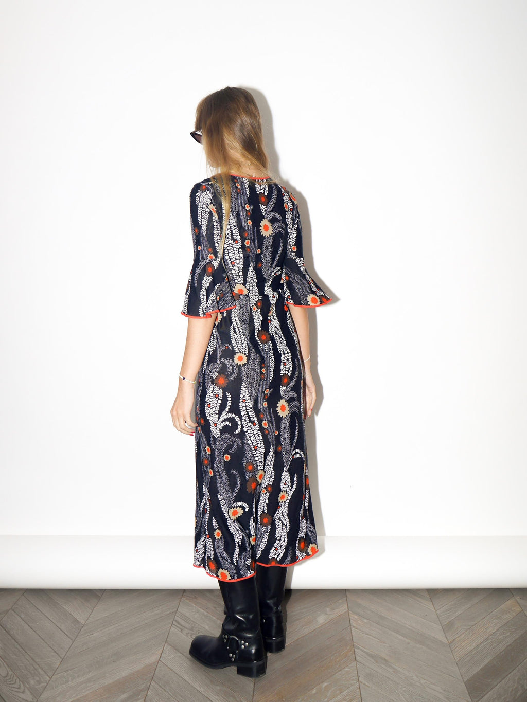 VINTAGE Black And Orange Floral Midi Dress With Ruffle Sleeves From The 1970s