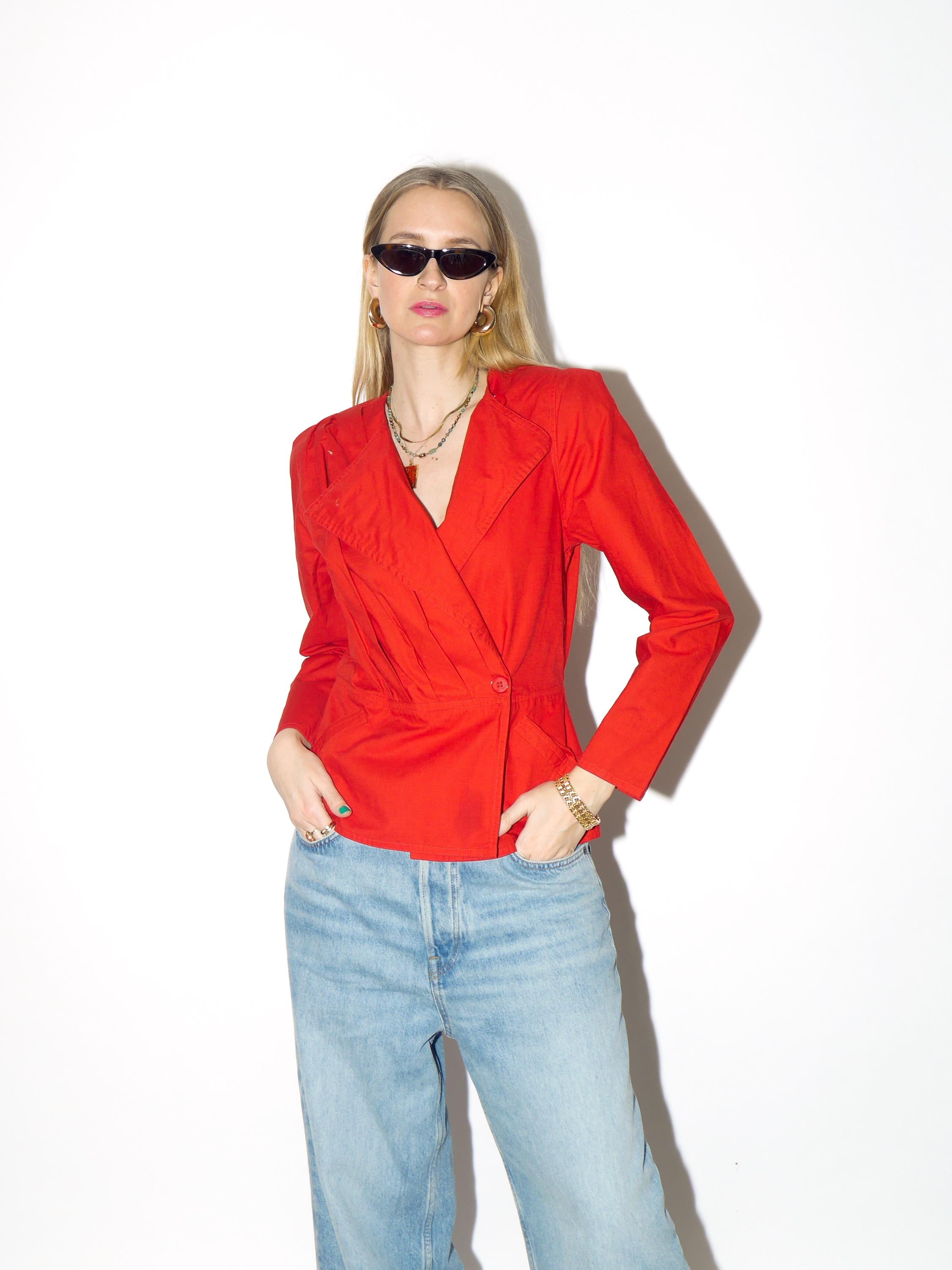 VINTAGE Cotton red blouse from 1980s with shoulder pads and peplum