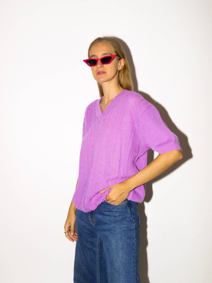 VINTAGE sweater from 1980s with short sleeves | retro lilac, purple sweater | v-neck knitted blouse | oversize | modopol