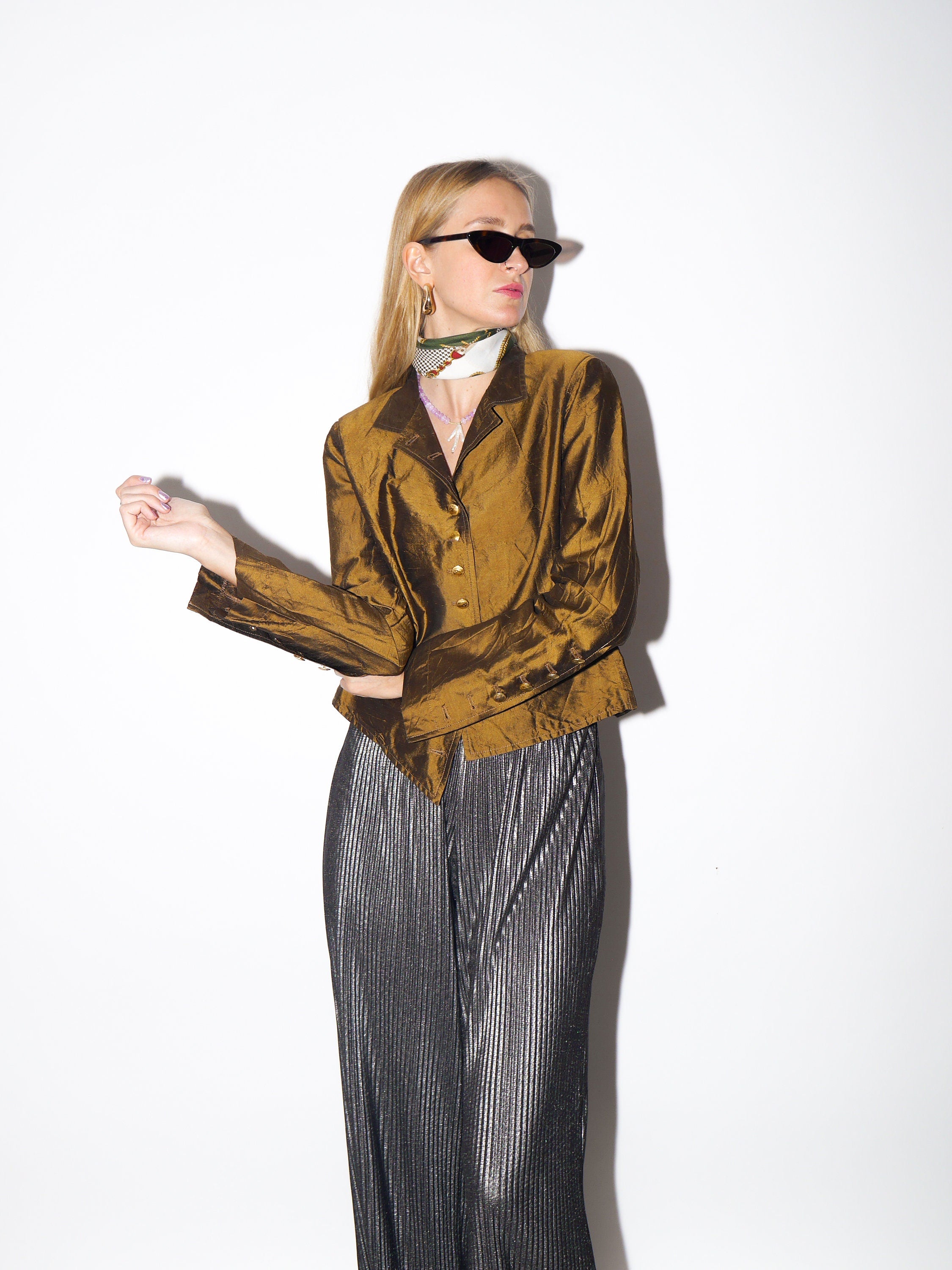 VINTAGE copper light brown 100% Silk asymmetrical shirt with metal decorative buttons by MANUELA San Martin® | premium quality retro shirt
