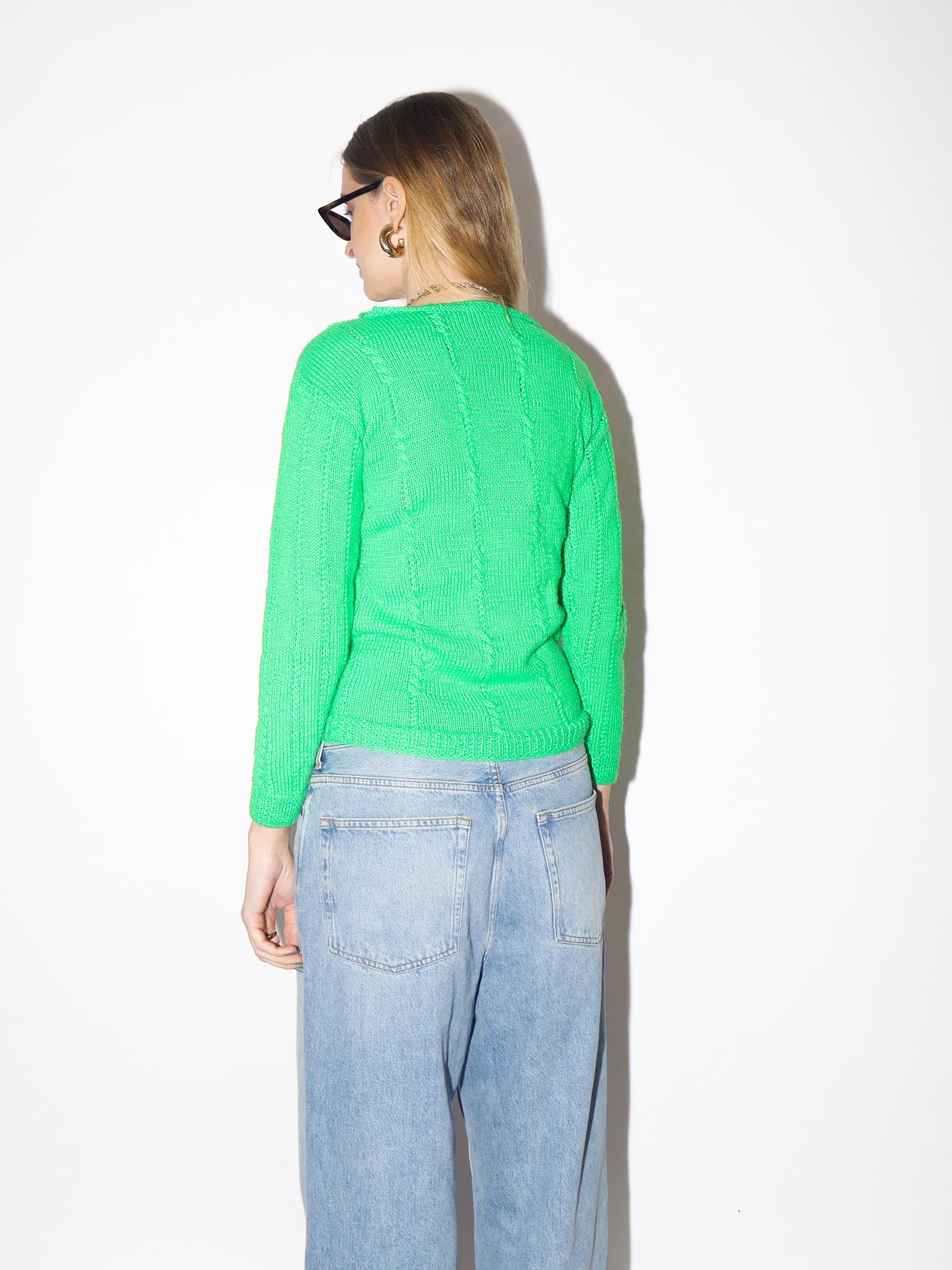 VINTAGE Neon Green Hand Knitted Sweater from 1990s |  Handmade Sweater