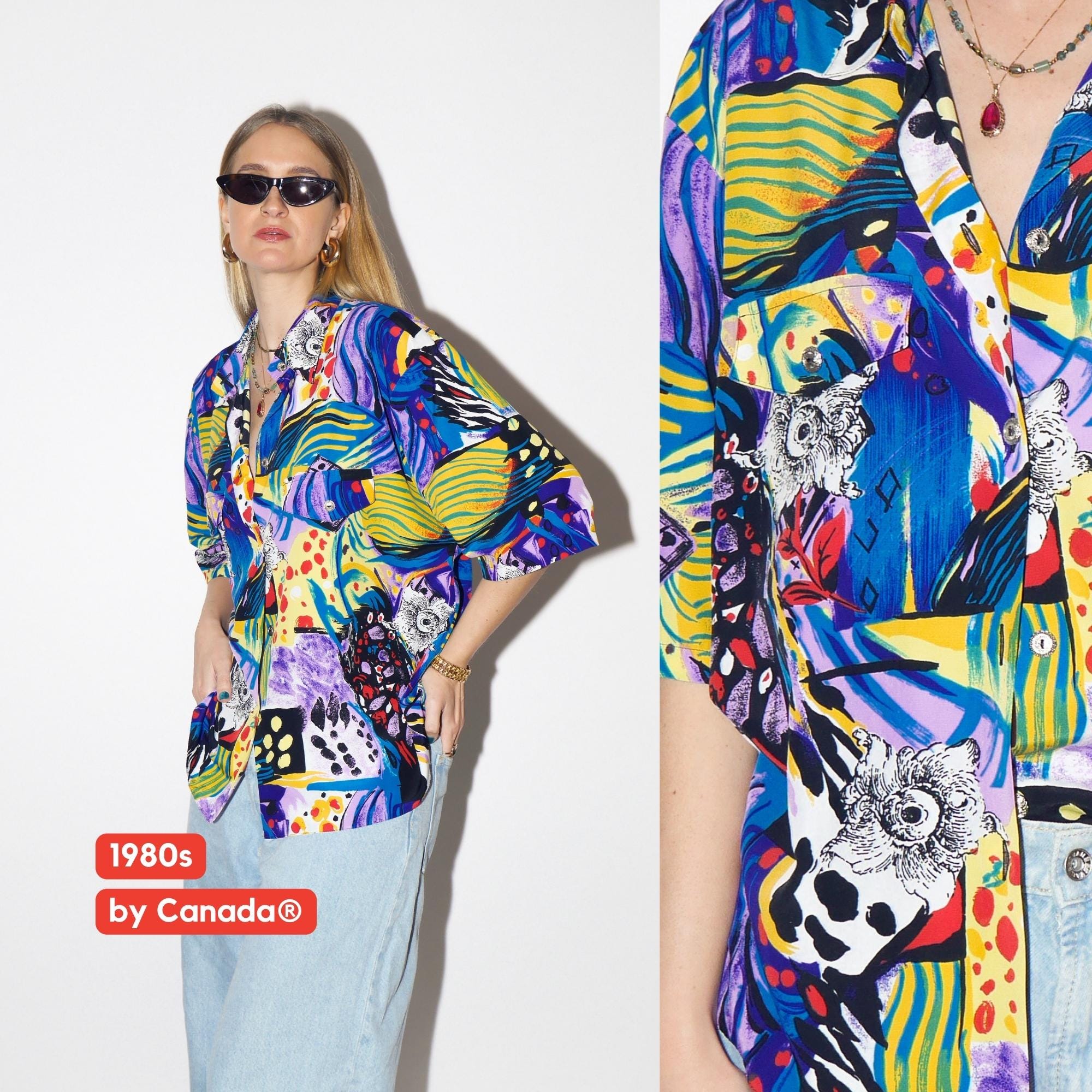 VINTAGE colorful short sleeve shirt from 1980s in rainbow abstract pattern