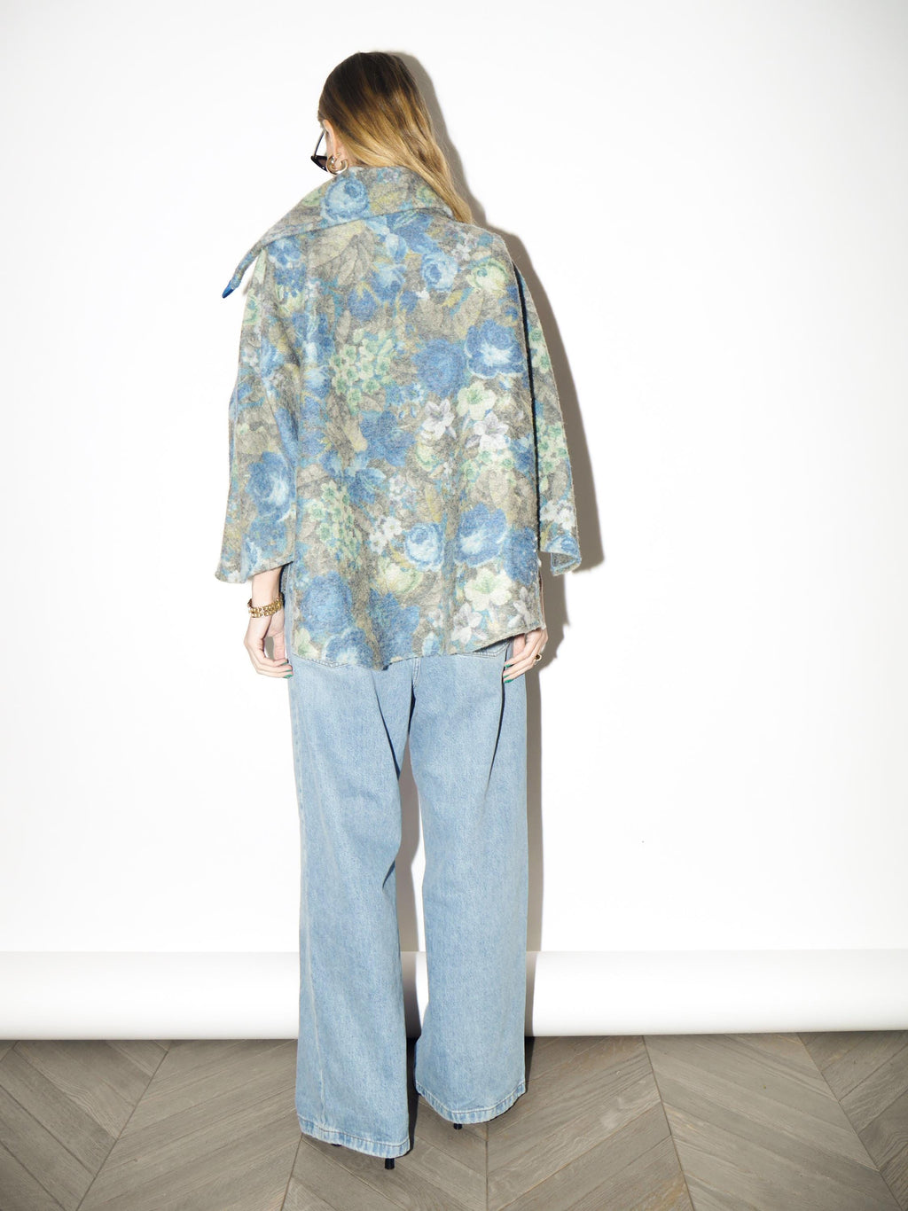 VINTAGE Blue 100% Wool Poncho with Floral Pattern | Handmade Warm Retro Poncho
