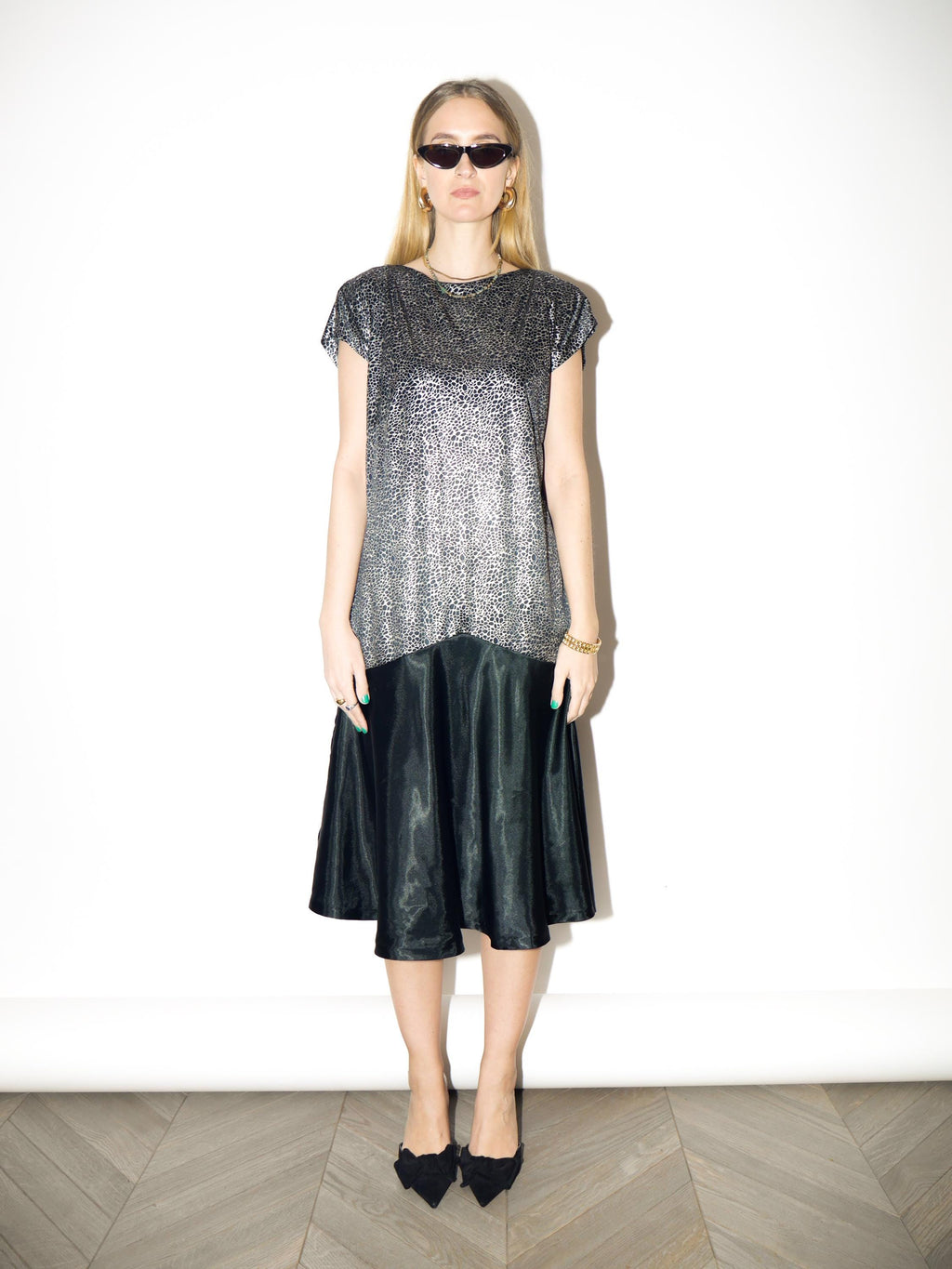 VINTAGE Silver & Black Midi Dress from 1980s | Shimmy Style with Polka Dot Dress