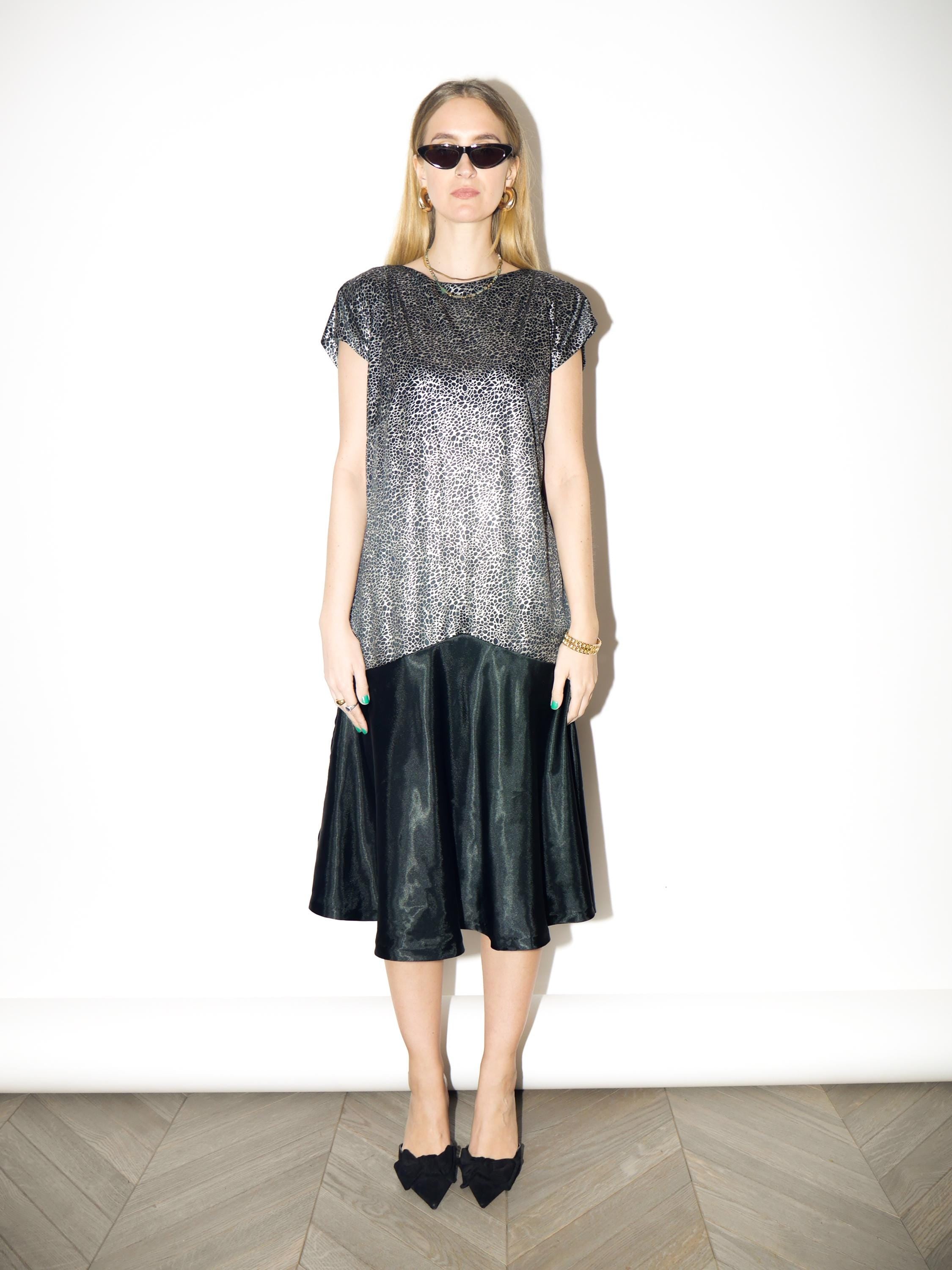 VINTAGE Silver & Black Midi Dress from 1980s | Shimmy Style with Polka Dot Dress