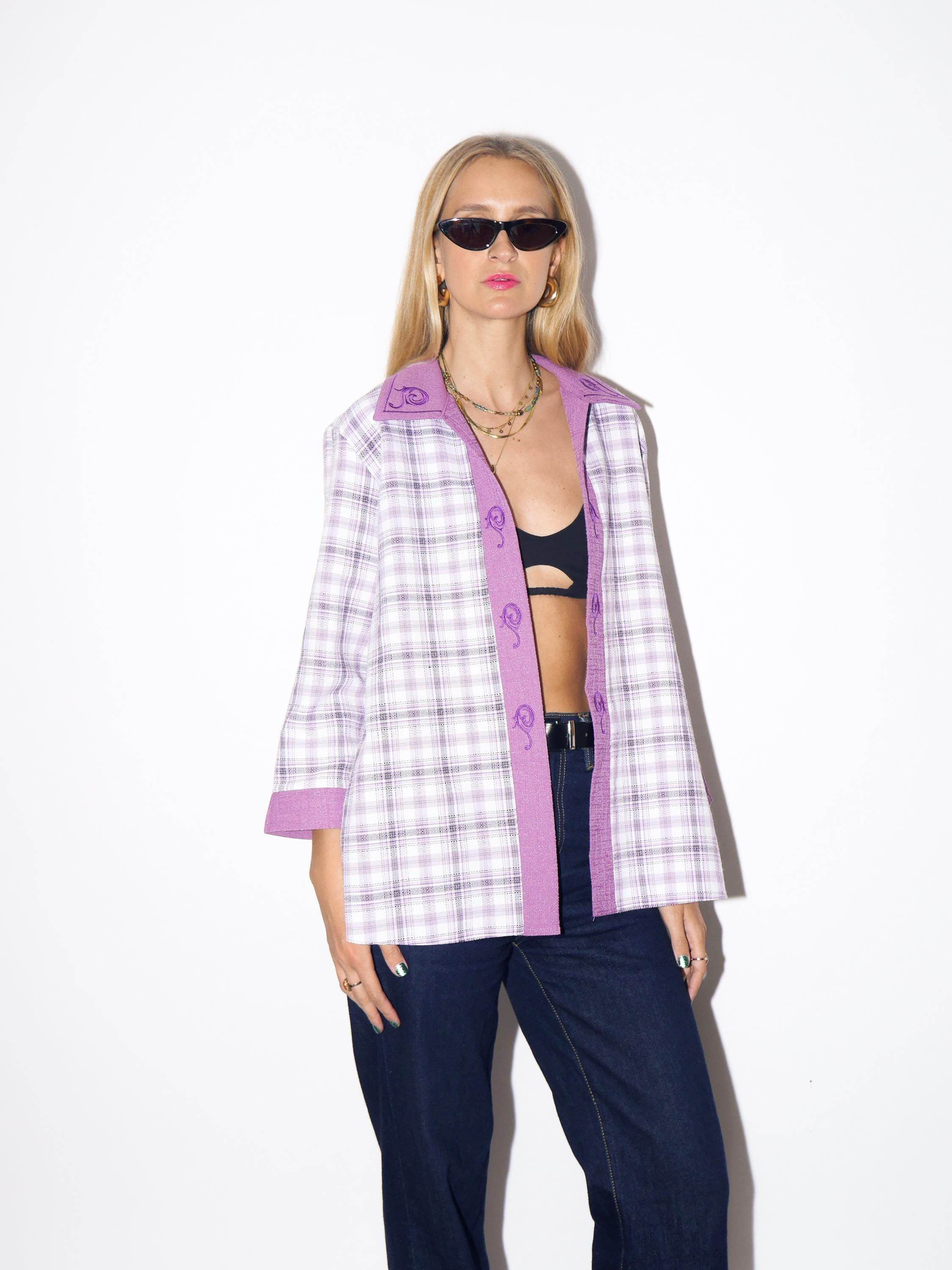 1980s Pink Checked Cover-Up with Embroidery - Vintage White/Pink Oversize Throw-On, Retro Fashion Clothing for Women