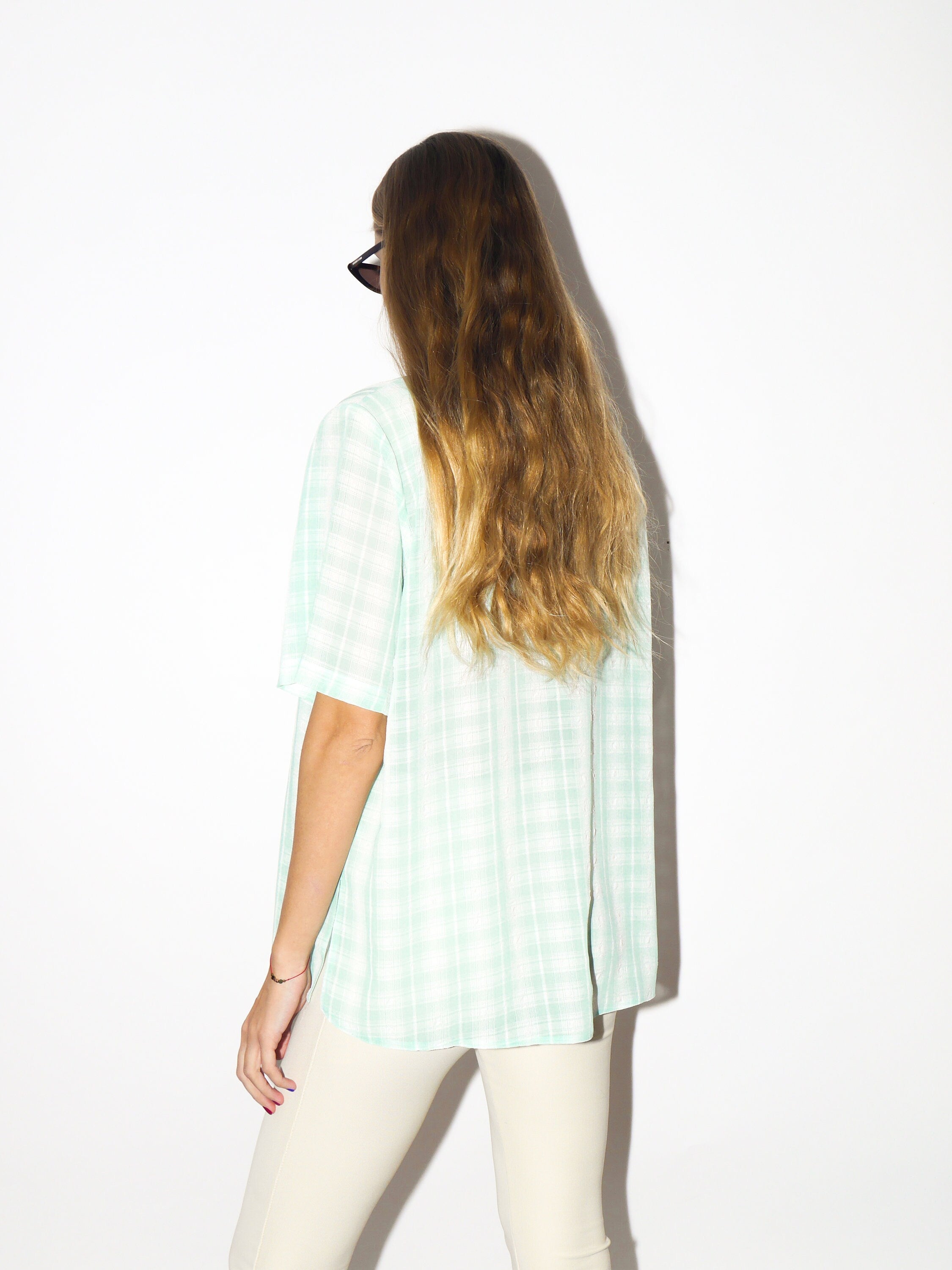 VINTAGE short sleeve shirt 1980s | Eva Styl unisex shirt with shoulder pads in green and white check pattern | retro oversize unisex shirt