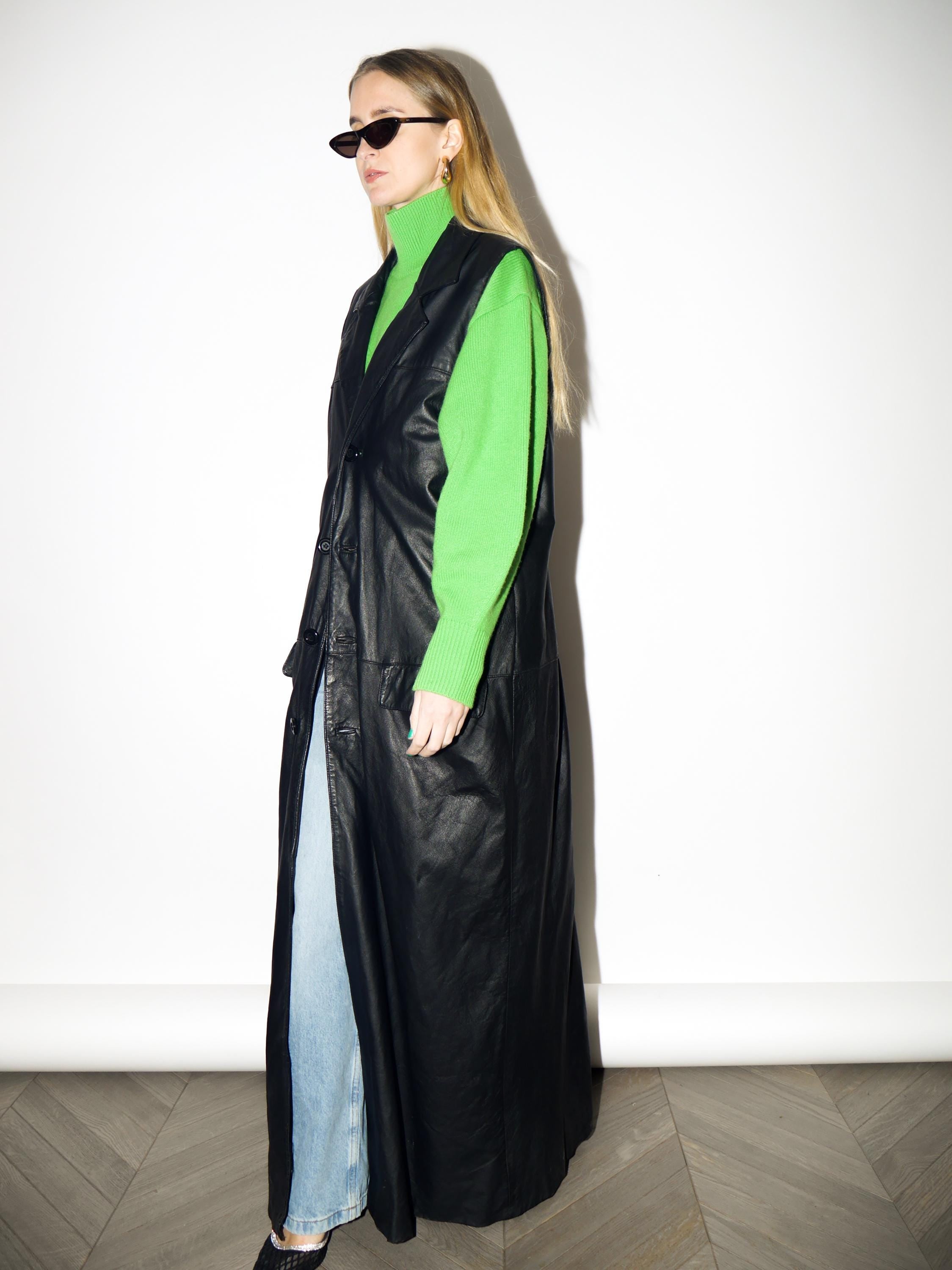 VINTAGE Black Maxi Leather Vest from 1980s | Matrix Style Long Leather Waistcoat