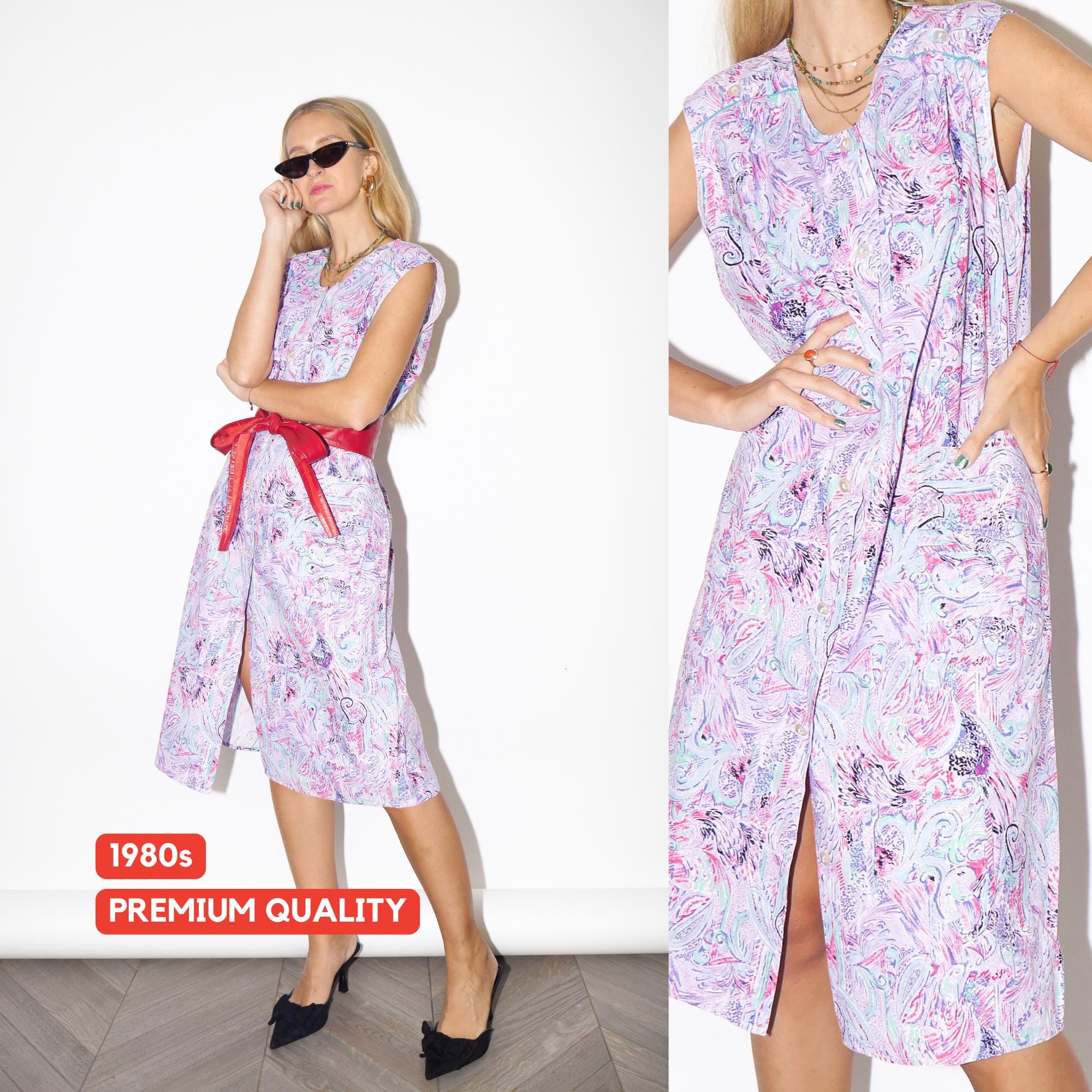 1980s Cotton Dress - Vintage Oversize Sleeveless Dress with Abstract Patterns and Front Pockets, Retro Fashion Clothing for Women