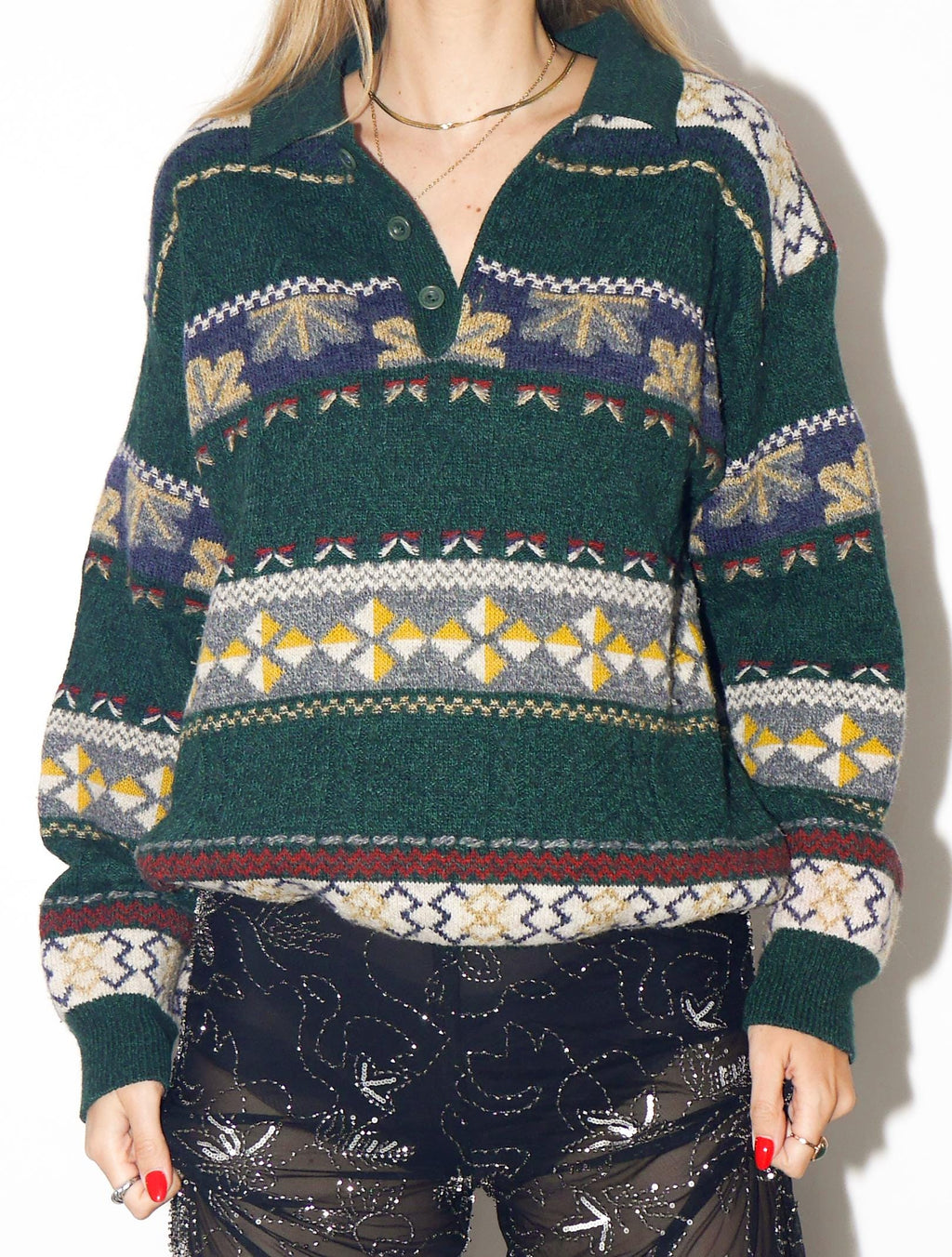 VINTAGE Green Merino Wool Blend Polo Sweater With Striped Pattern From The 1980s By Monte Carlo Moda