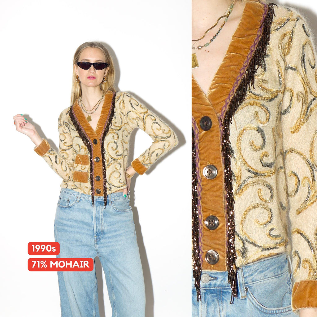 VINTAGE beige mohair cardigan from 1990s with bead embroidery, velvet elements